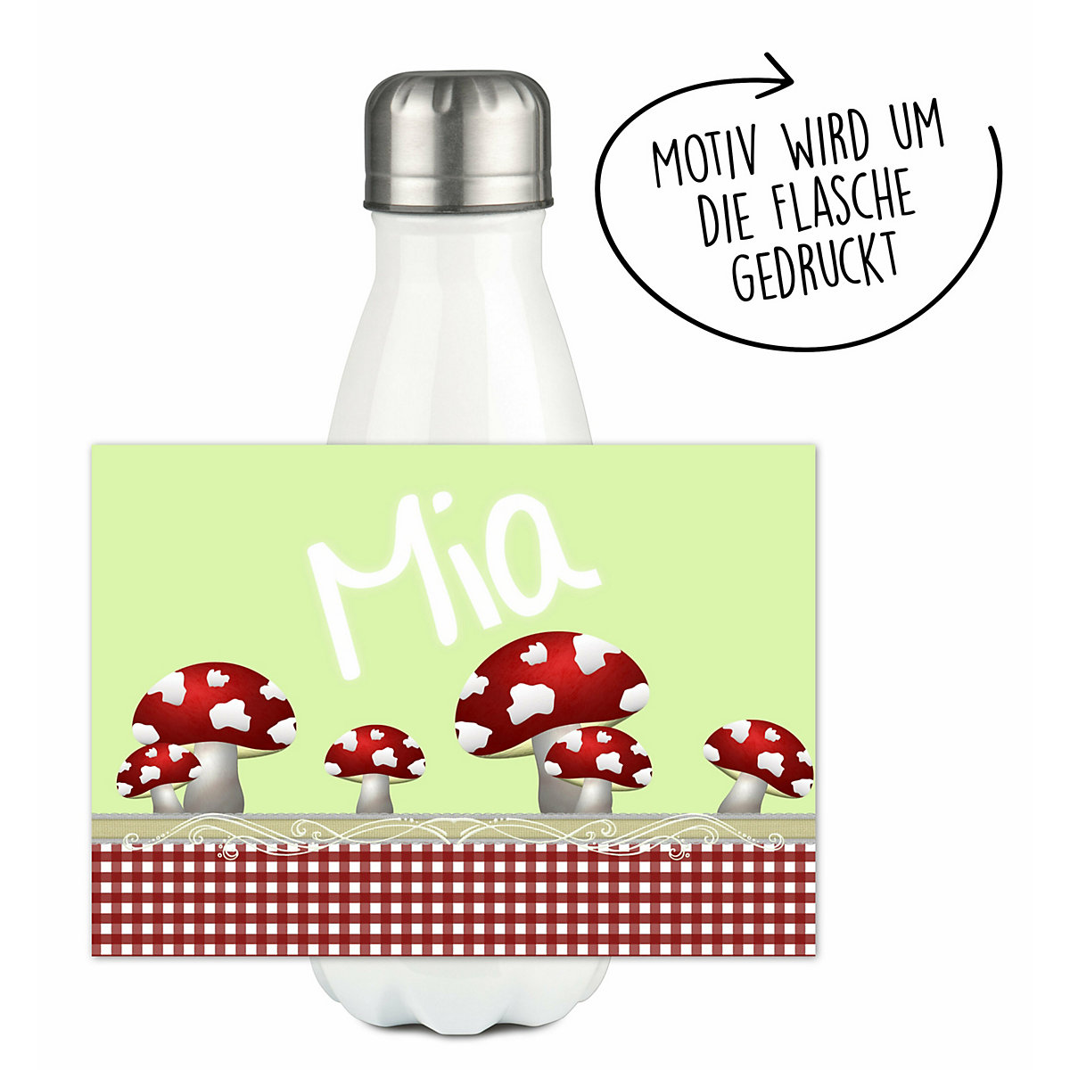 Edelstahl Kinder Thermoflasche / Trinkflasche bunt Pilz Farbe rot Spülmaschinenfest, Auslaufsicher, Bruchfest, Doppelwandig, Für Heißgetränke geeignet, Mit Deckel, Isoliert