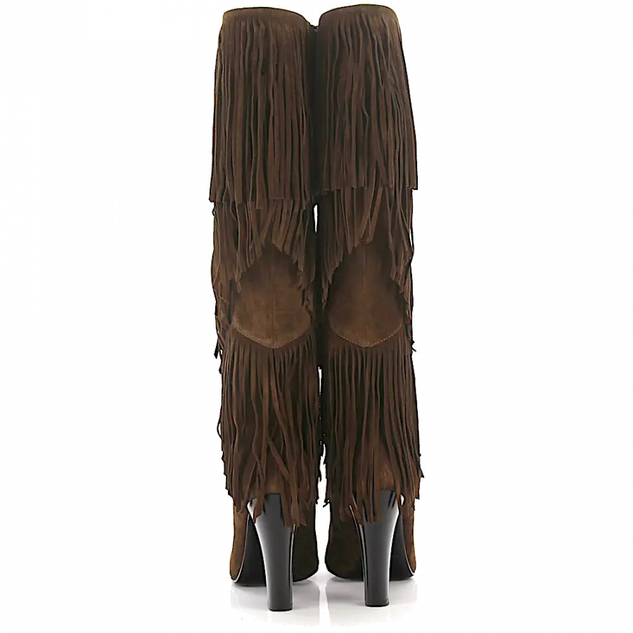 Saint Laurent - Stiefel LILY 95 Veloursleder Fransen braun - braun