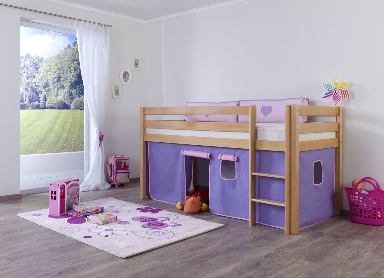 Relita Halbhohes Spielbett ALEX Buche massiv natur lackiert mit Stoffset Vorhang purple/rosa