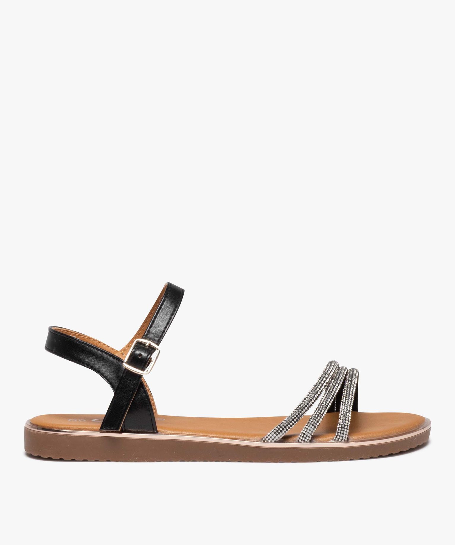 Sandales femme plates avec brides tubulaires à strass noir | GEMO