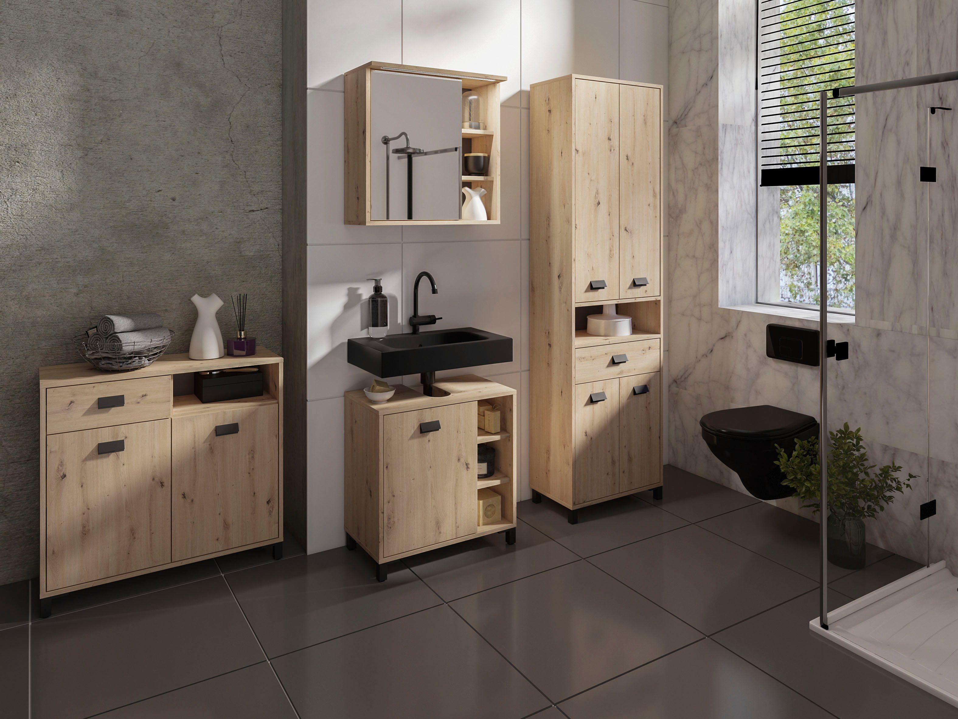 byLIVING Badkommode Wellness, Breite 80,5 cm, in Eichen-Optik, mit viel Stauraum