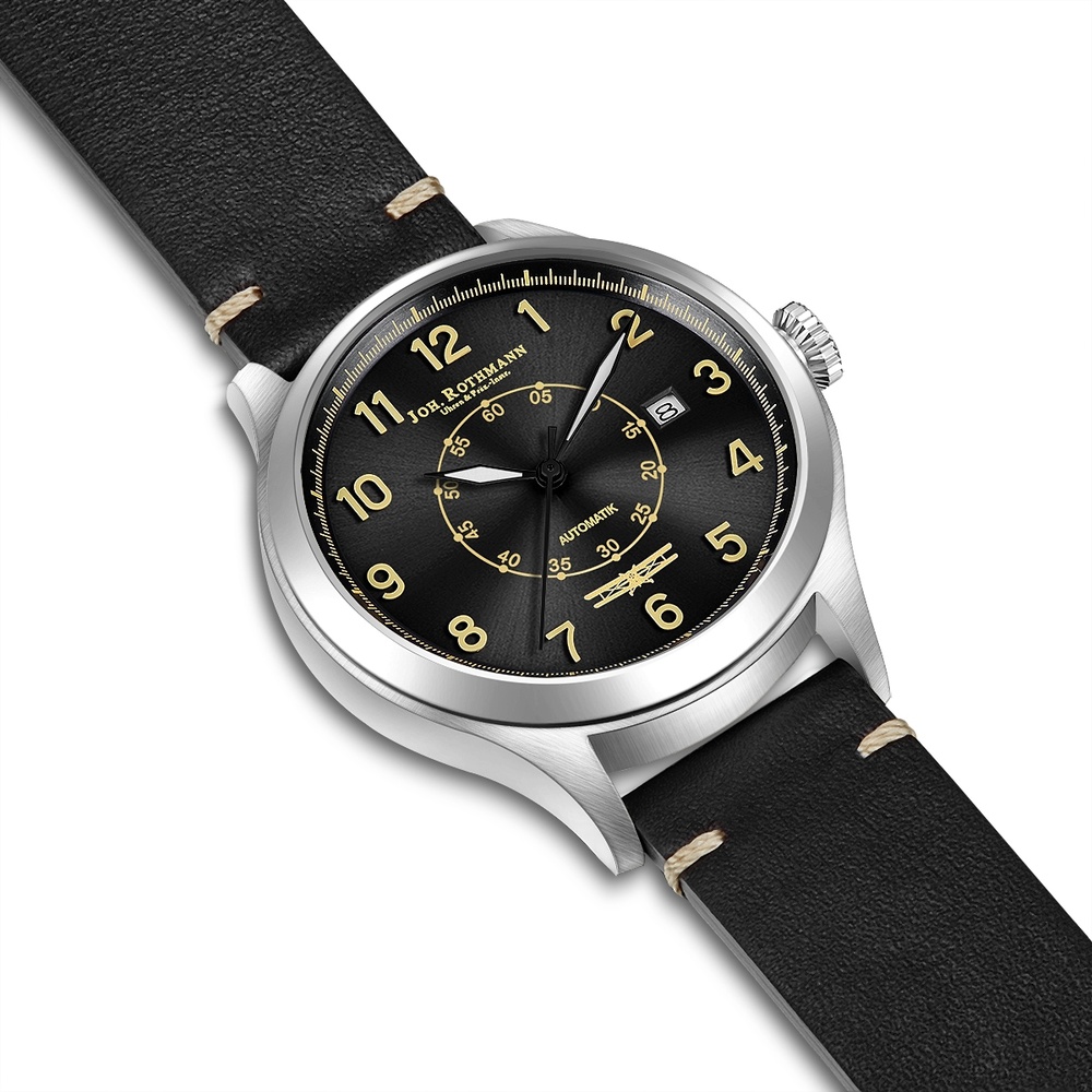 Joh. Rothmann Montre automatique Flight en Argent Cuir véritable en Noir Montre