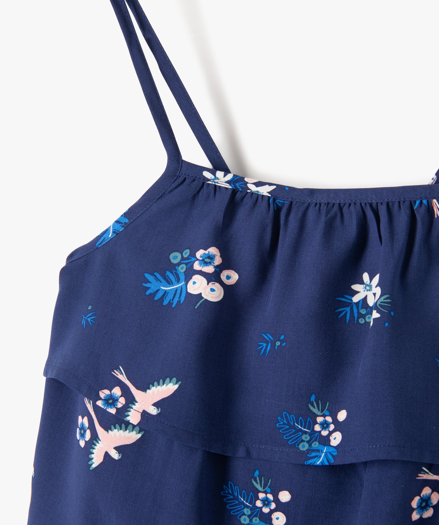Débardeur fille fleuri à volants et fines bretelles marine | GEMO