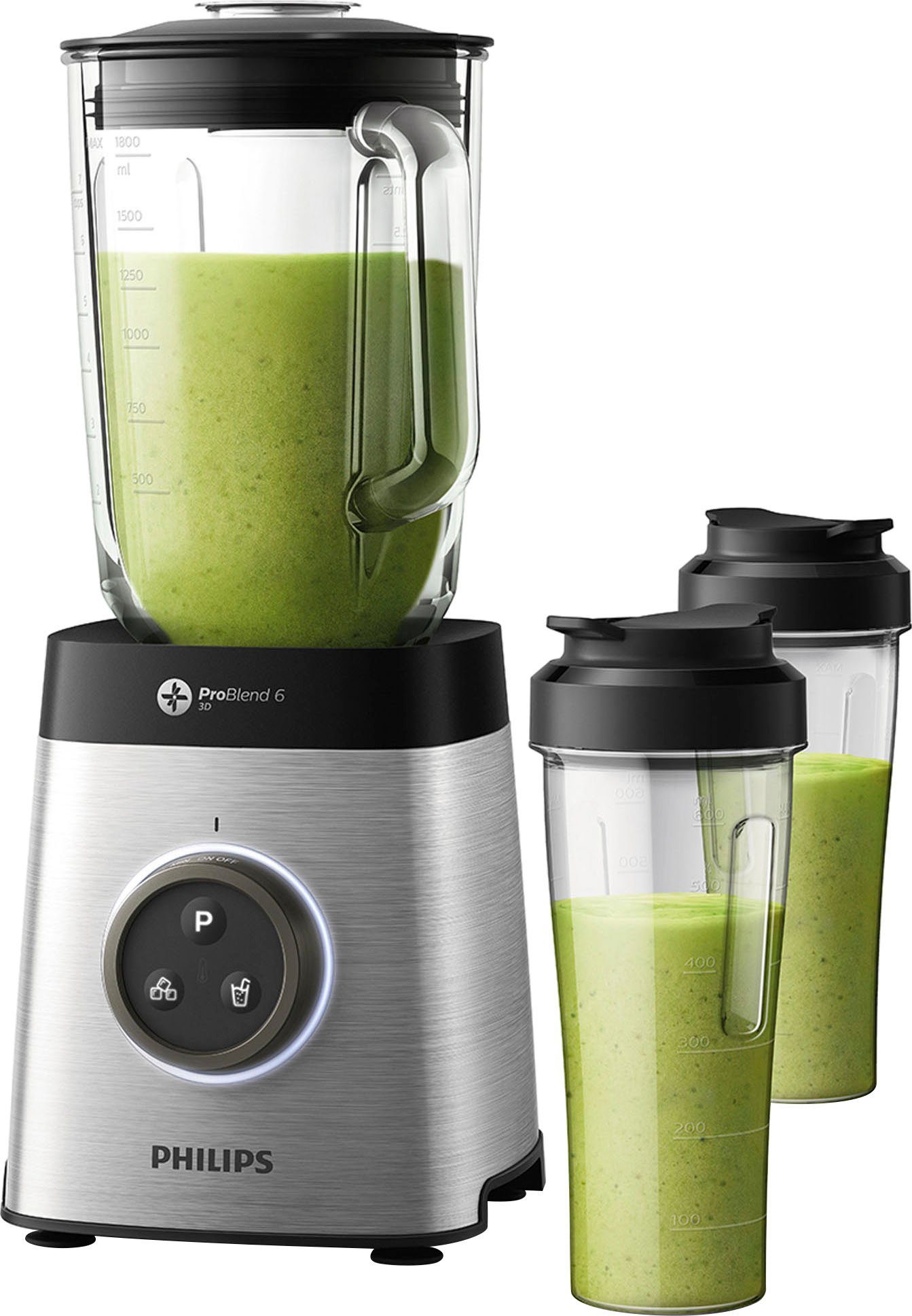 Philips Standmixer HR3655/00, 1400 W, ProBlend 6 3D Technologie, 2 Liter Glasbehälter, 2x Trinkflaschen