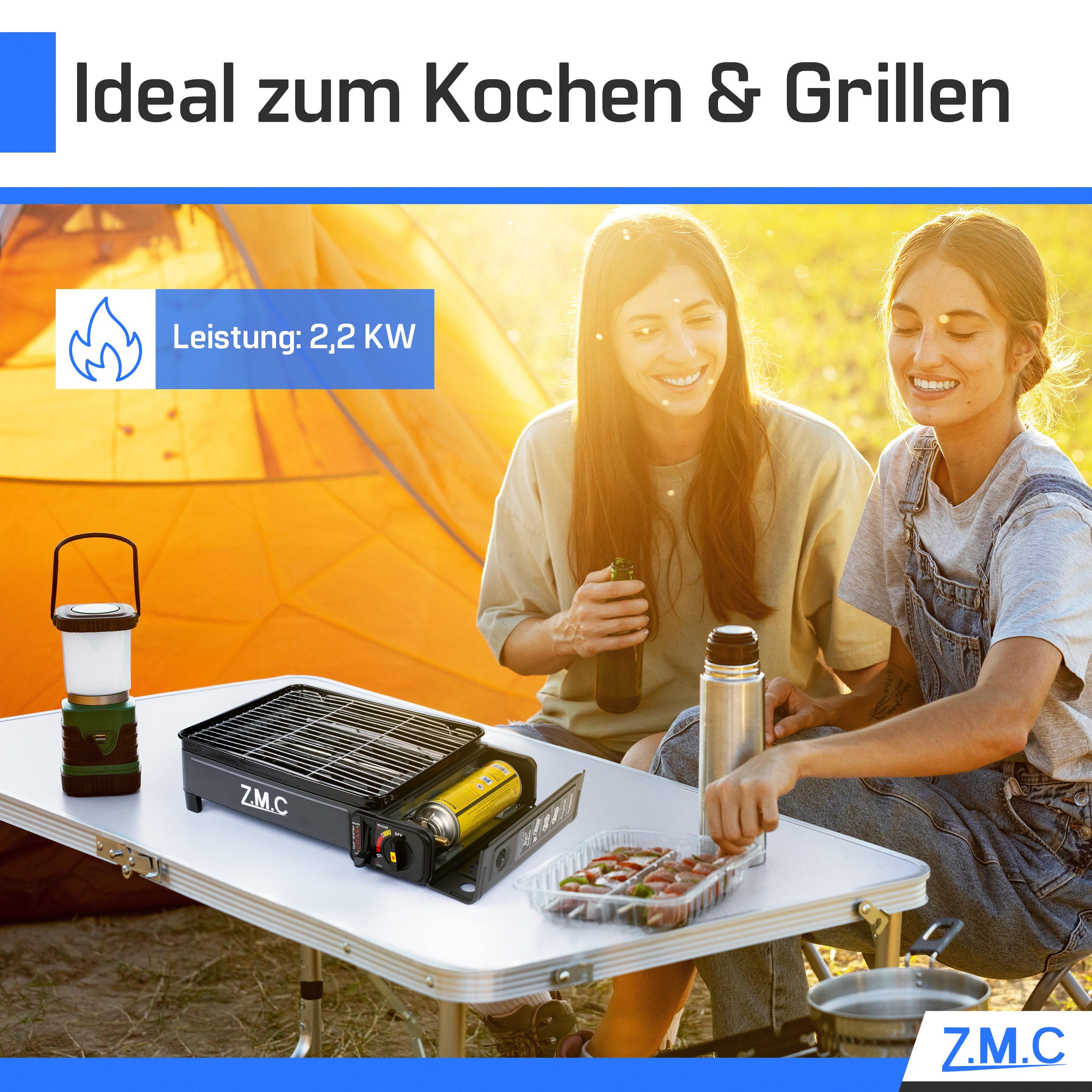 ZMC Gaskocher 2-in-1 Gaskocher inkl. Zubehör einflammiger Camping-Kocher, (mit Grillplatte + Grillrost, stufenlos regulierbar, Tischgrill), mit Tragekoffer, 3,8kg, Piezo-Zündung Wärmeleistung: 2,2KW