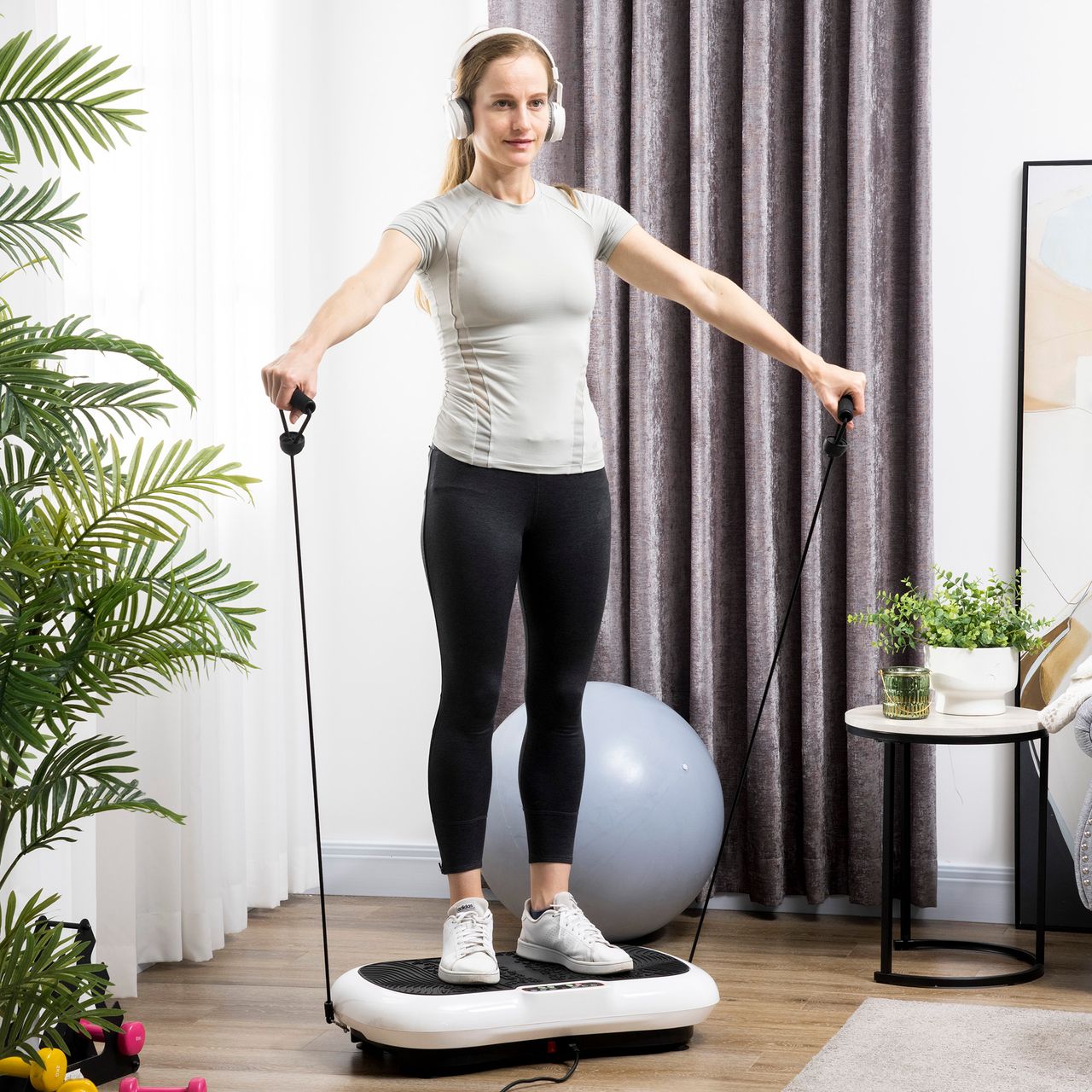 HOMCOM Vibrationsplatte mit 2 Fitnessbändern 99 Vibrationsstufen 120 kg Belastbarkeit Rüttelplatte Fitnessgeräte für Ganzkörpertraining zu Hause mit LCD-Anzeige 200W 73 x 40 x 13cm Weiß Schwarz