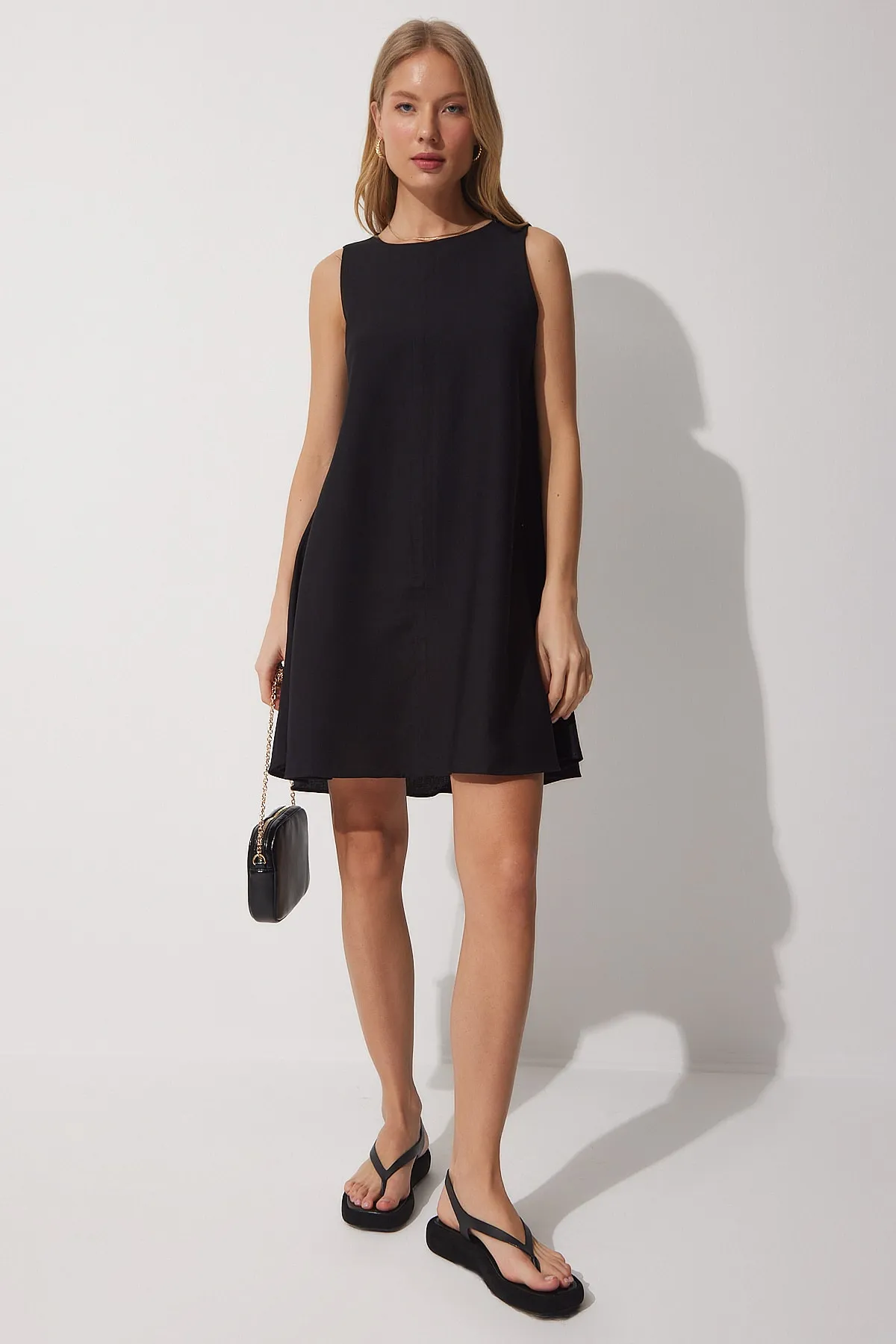 Happiness İstanbul  Schwarzes gewebtes A-Linien-Sommerkleid für Damen BF00067