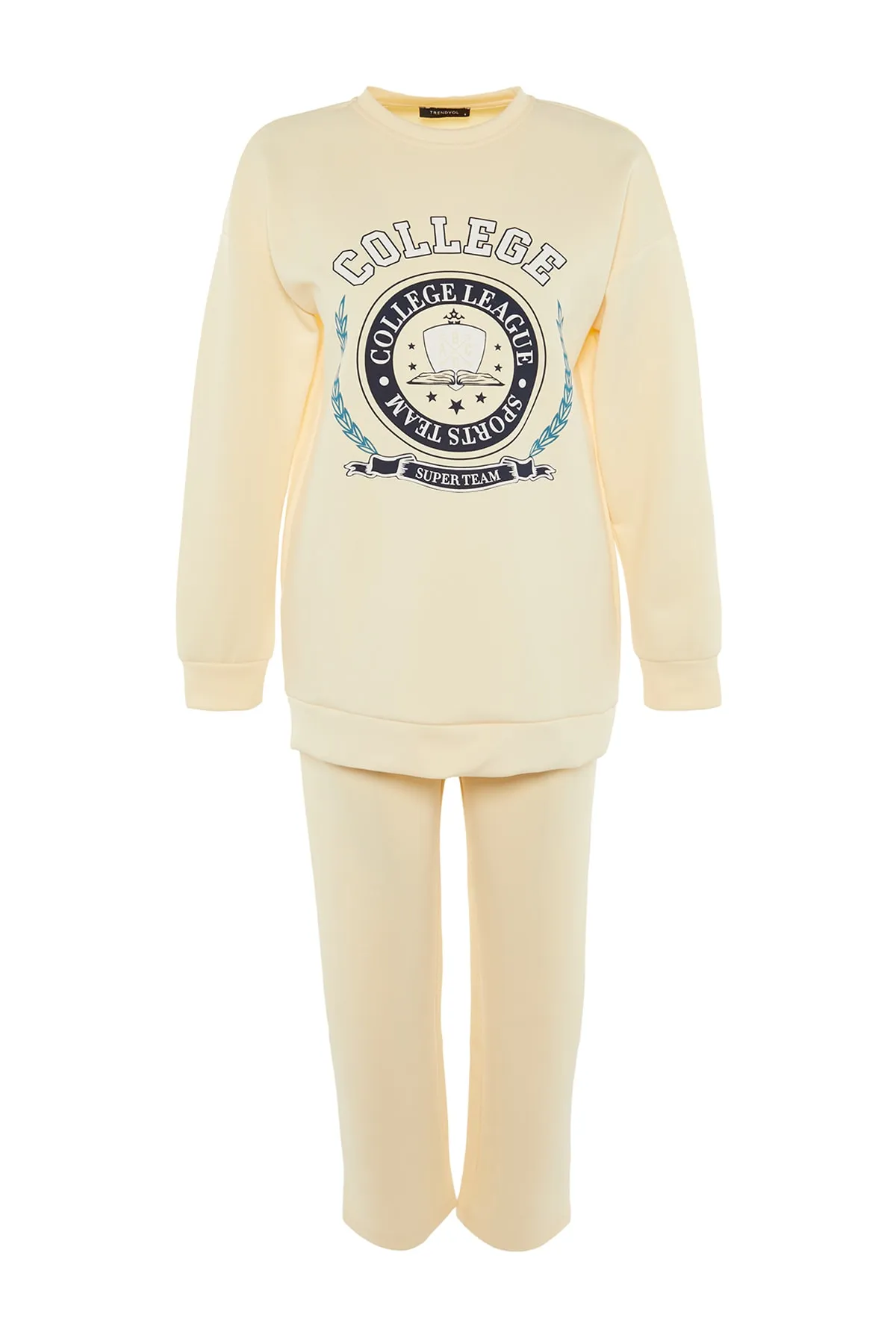 Trendyol Modest  Beige bedrucktes Scuba-Strick-Trainingsanzug-Set TCTAW23EN00016