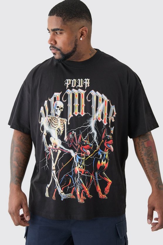 Plus schwarzes Pour Homme T-Shirt mit Skelett-Print