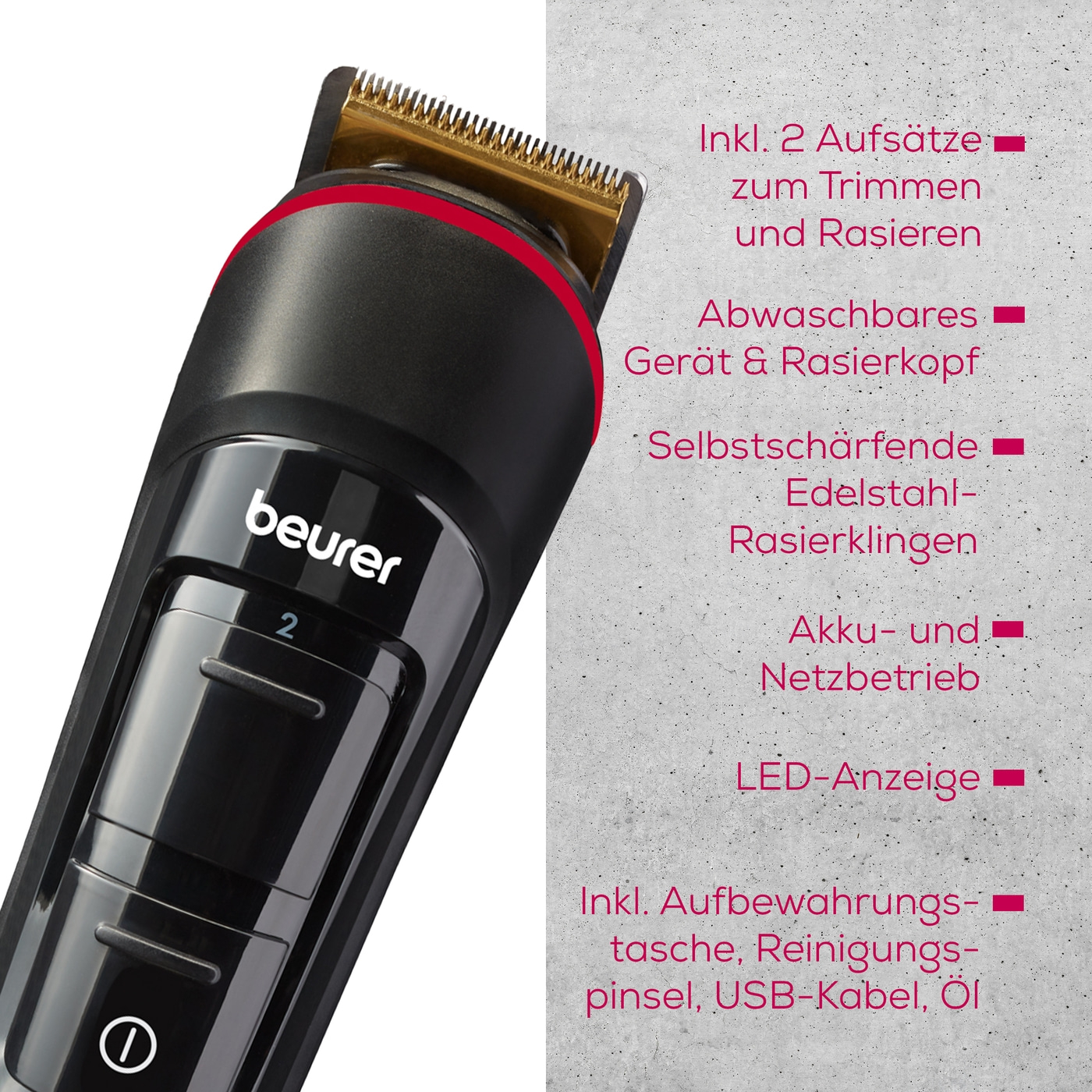 Beurer Barttrimmer MN4X-Abwaschbarer Trimmer mit Edelstahlklinge und Titaniumbeschichtung