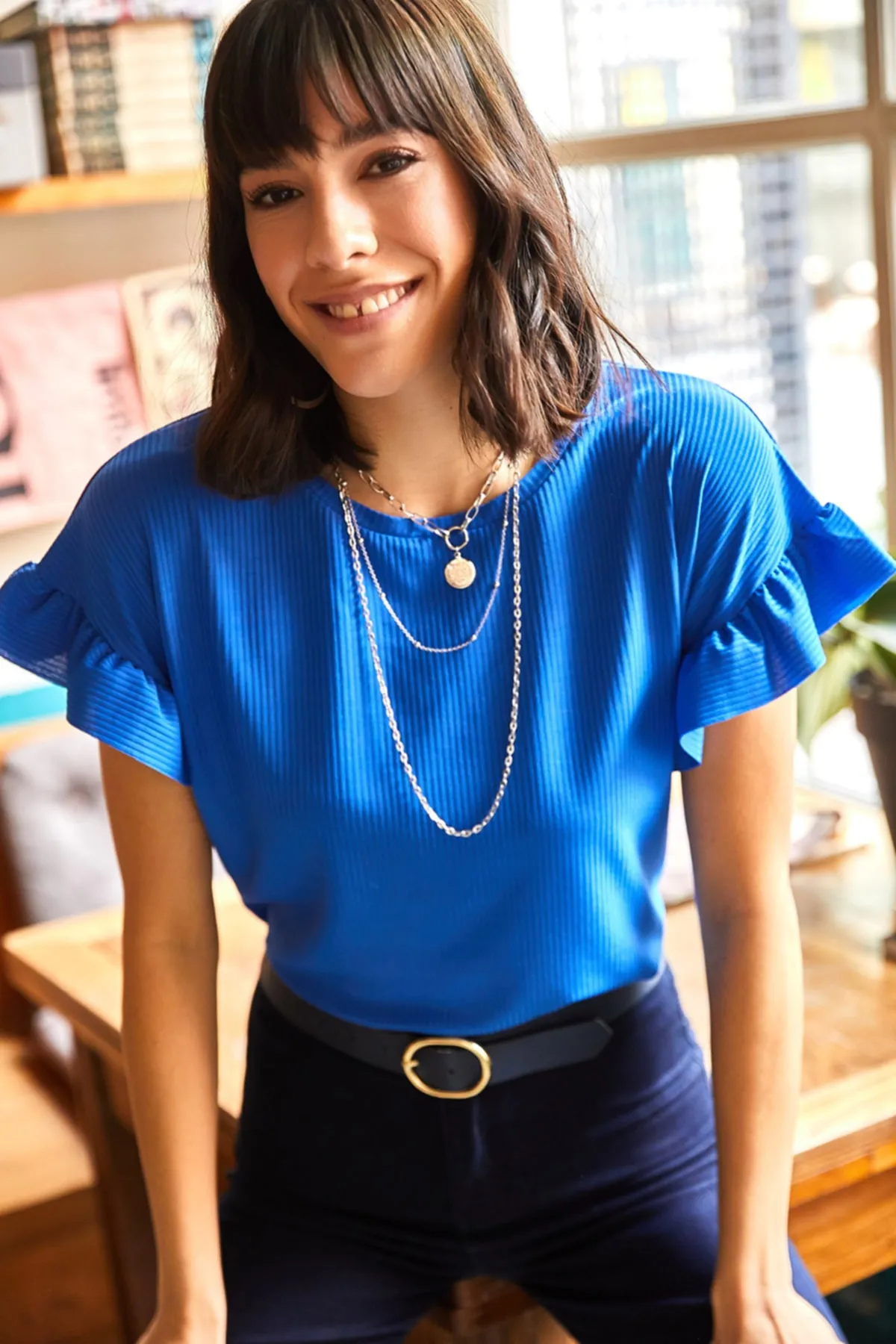 Olalook  Blaues Saks-T-Shirt mit Rüschenärmeln für Damen TSH-19000417