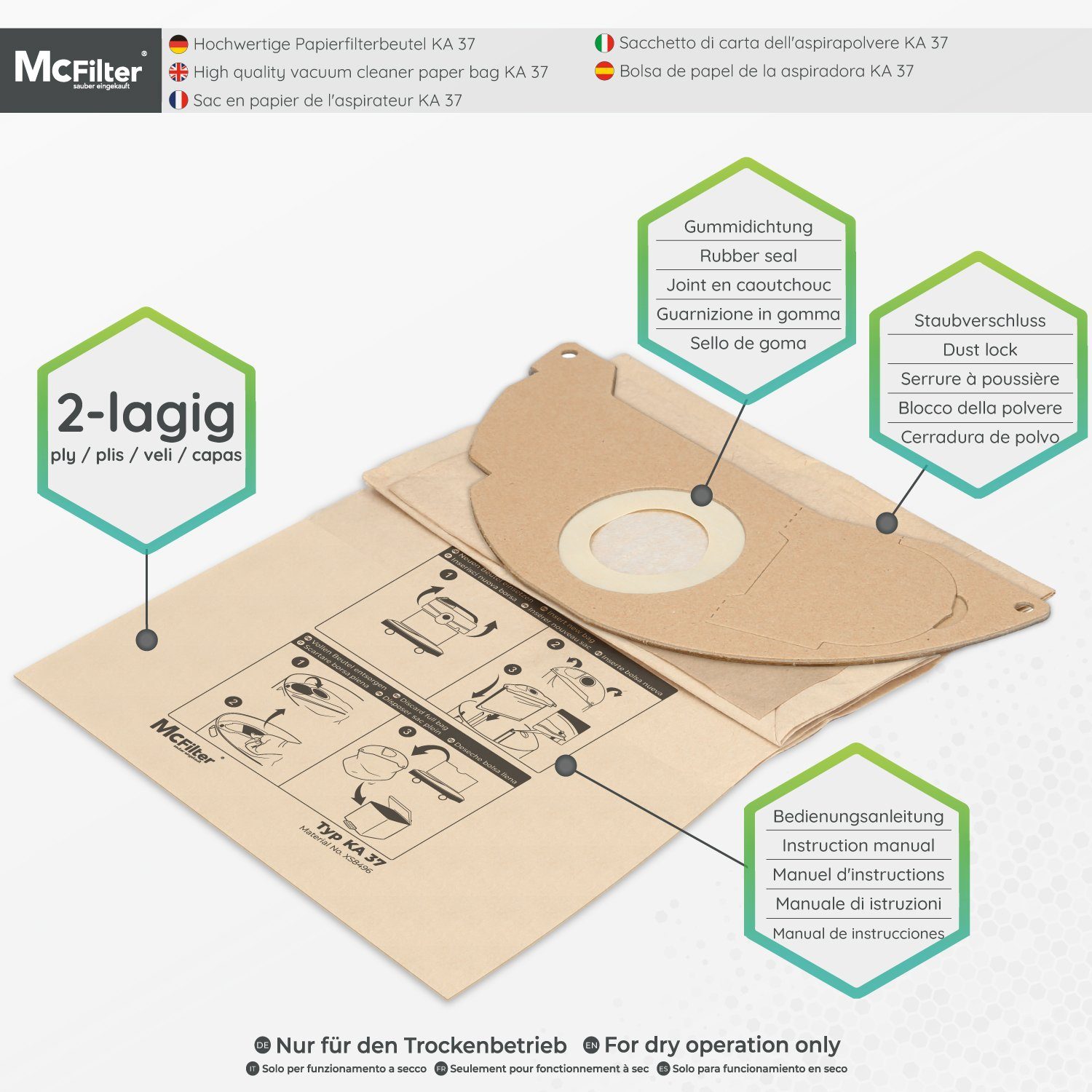 McFilter Staubsaugerbeutel (10 Stück) geeignet für Kärcher 6.904-322.0 Staubsauger, passend für MV2 WD2 A2003 A2004 WD2.200 WD2.210 WD2.240 WD2.250 und weitere Modelle, 10 St., Hohe Reißfestigkeit, Formstabile Deckscheibe, 2-lagig