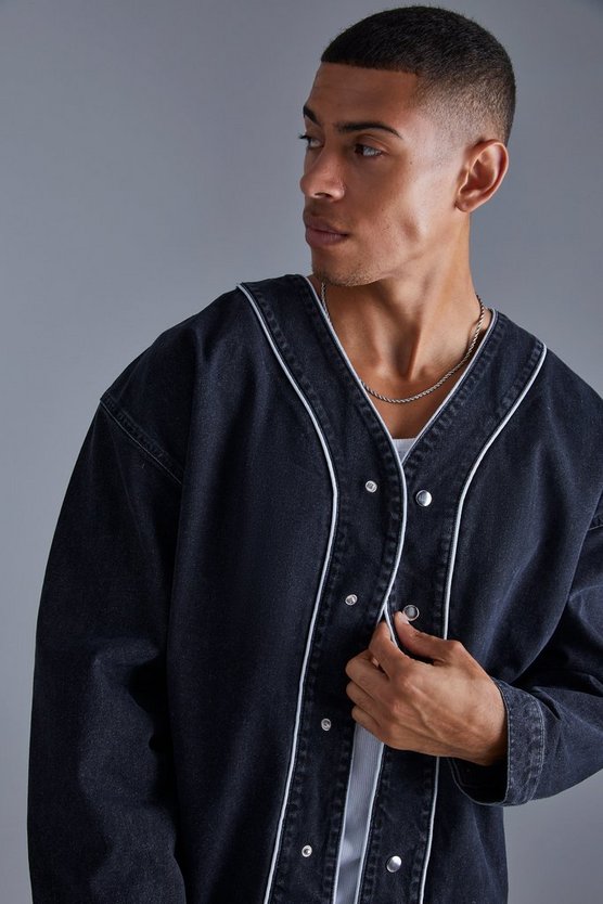 Langärmliges Denim Baseball-Hemd