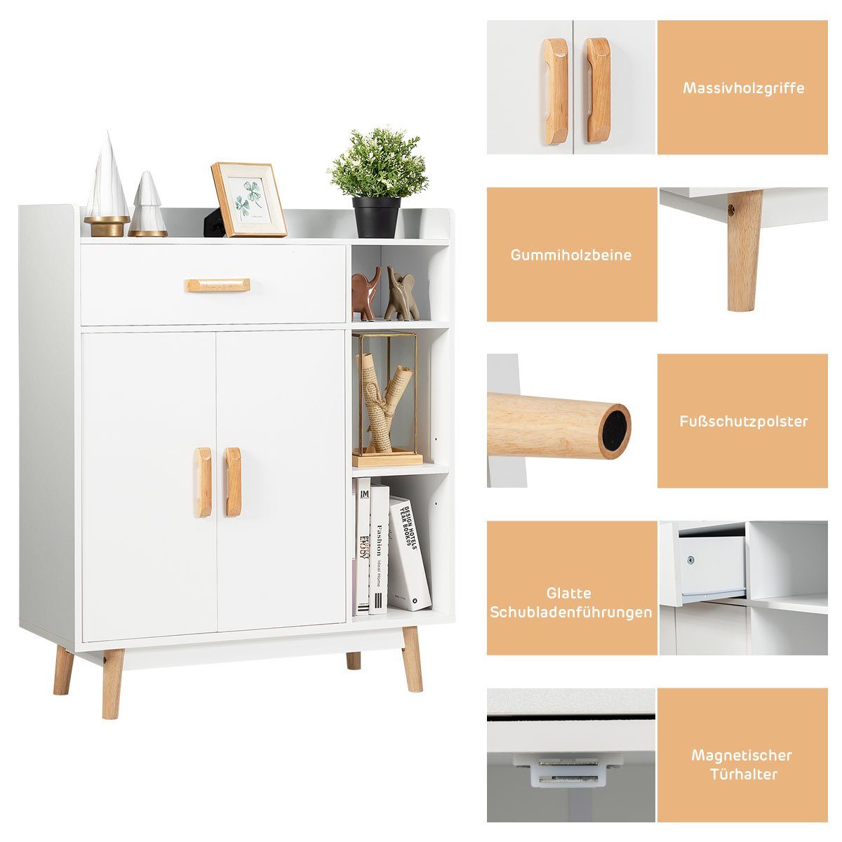 COSTWAY Kommode, mit Schublade&Fächern, aus Holz, stehend, 80x30x95cm, weiß