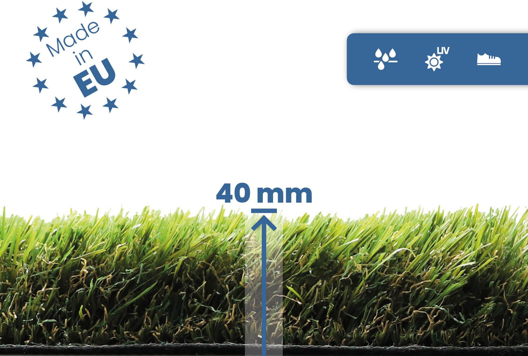 Kunstrasen MIDSOMMAR, Primaflor-Ideen in Textil, rechteckig, Höhe: 40 mm, realistische Optik, mit Drainagefunktion, ideal für Balkon & Terrasse