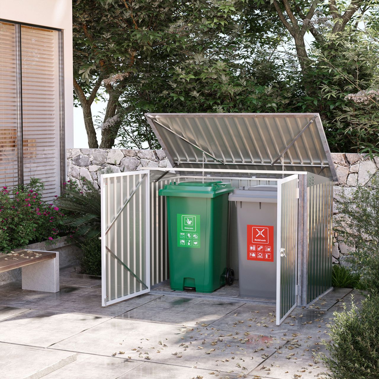 Outsunny Mülltonnenbox Gerätebox Müllbox Storer für 2 Mülltonnen abschließbar Stahl Grün 178,5 x 104,5 x 128,5/113 cm