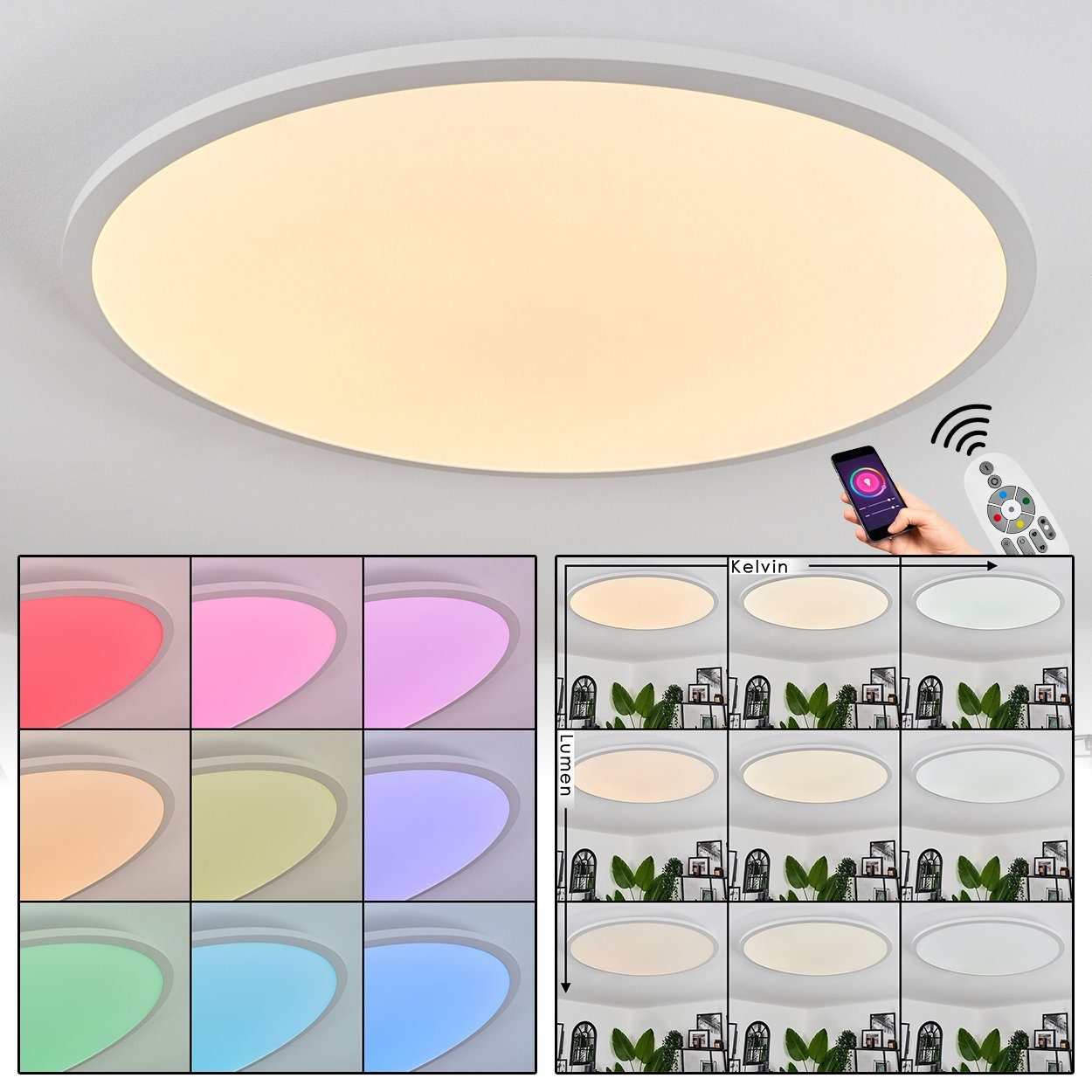 hofstein Deckenleuchte dimmbare Deckenlampe aus Metall/Kunststoff in Weiß (80 cm), LED wechselbar, 2700-6500 Kelvin, RGB Farbwechsler, steuerbar über Smart App/ Fernbedienung