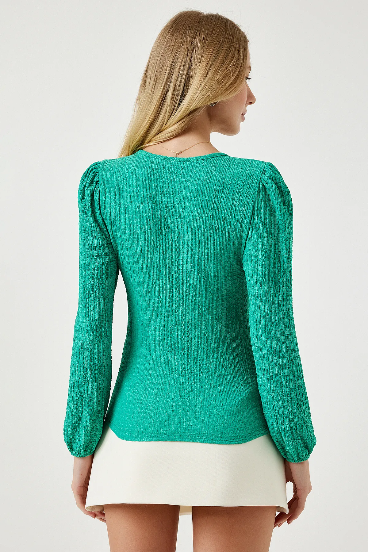 Happiness İstanbul  Grüne strukturierte Strickbluse mit quadratischem Kragen für Damen DD01111