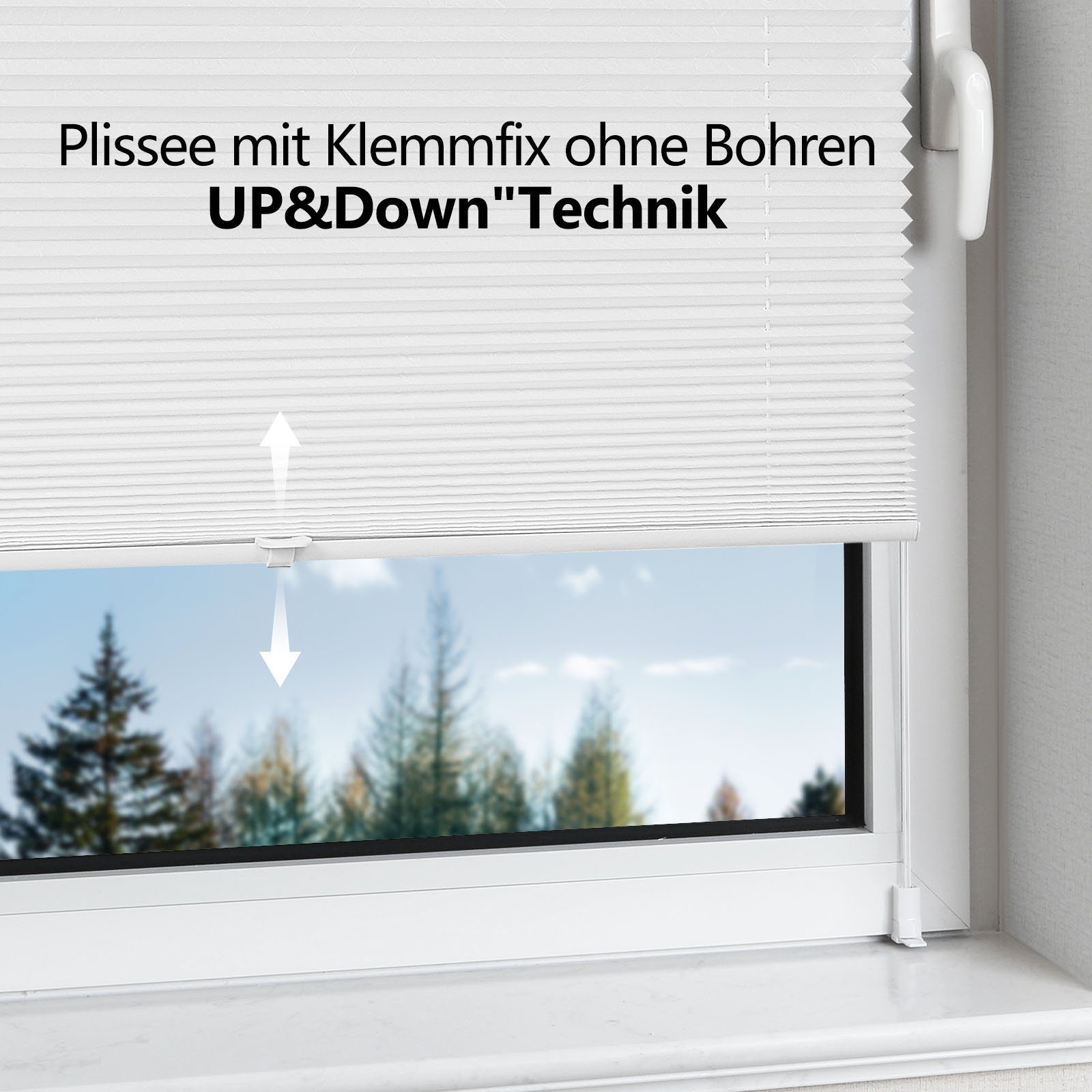 Plissee Ohne Bohren klemmfix Weiß, OUBO, Easyfix Faltrollo mit Klemmträger, Klemmfix ohne Bohren, Lichtschutz, Verschpannt