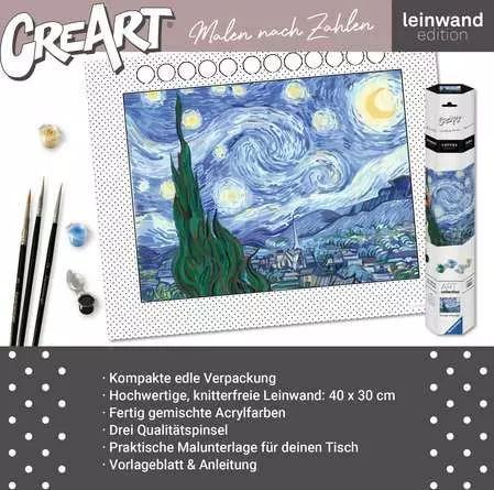 CreArt Leinwand ART Collection: Sternennacht (Van Gogh) - Malen nach Zahlen für Erwachsene