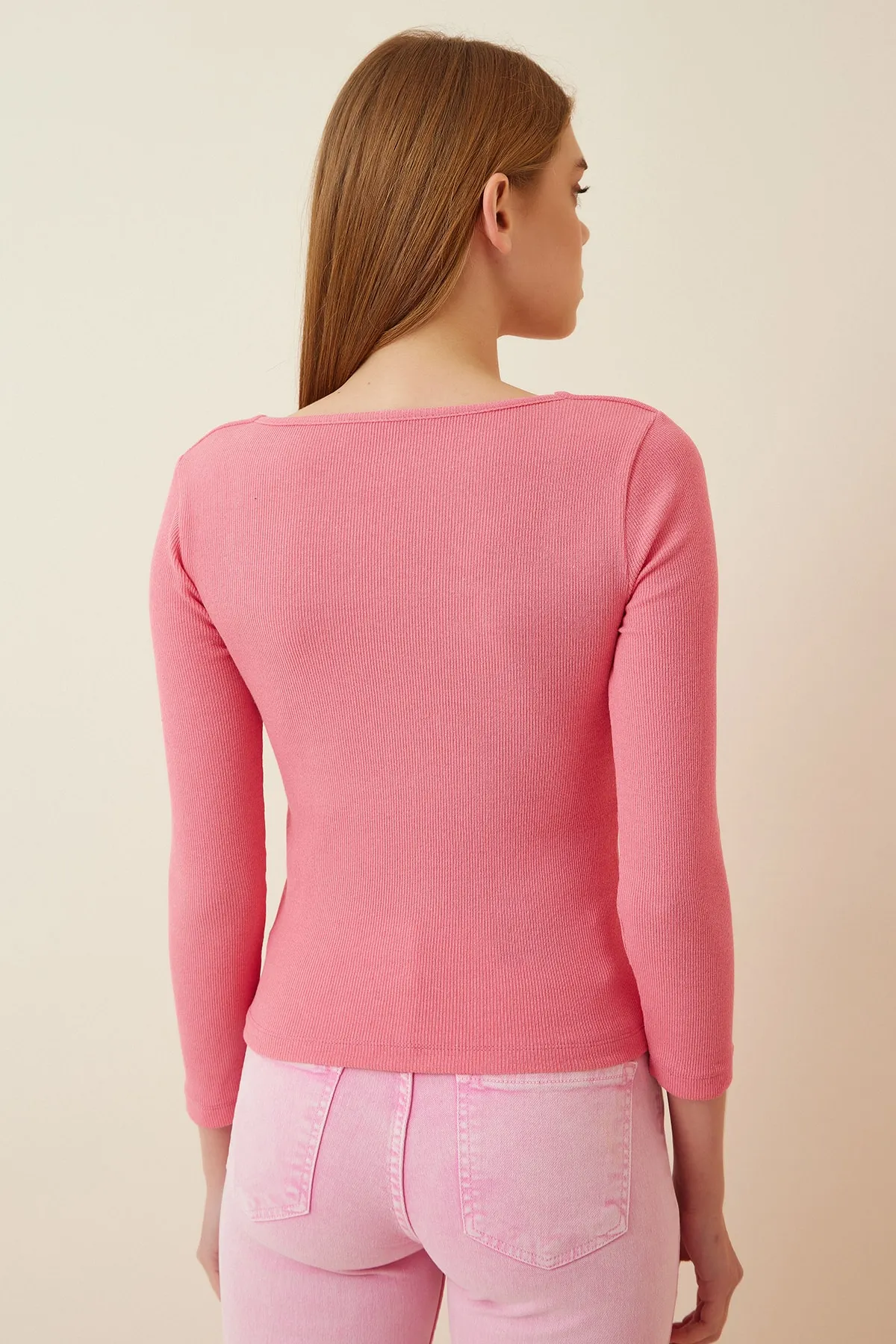 Happiness İstanbul  Gerippte Strickbluse für Damen in Rosa mit quadratischem Kragen GT00052