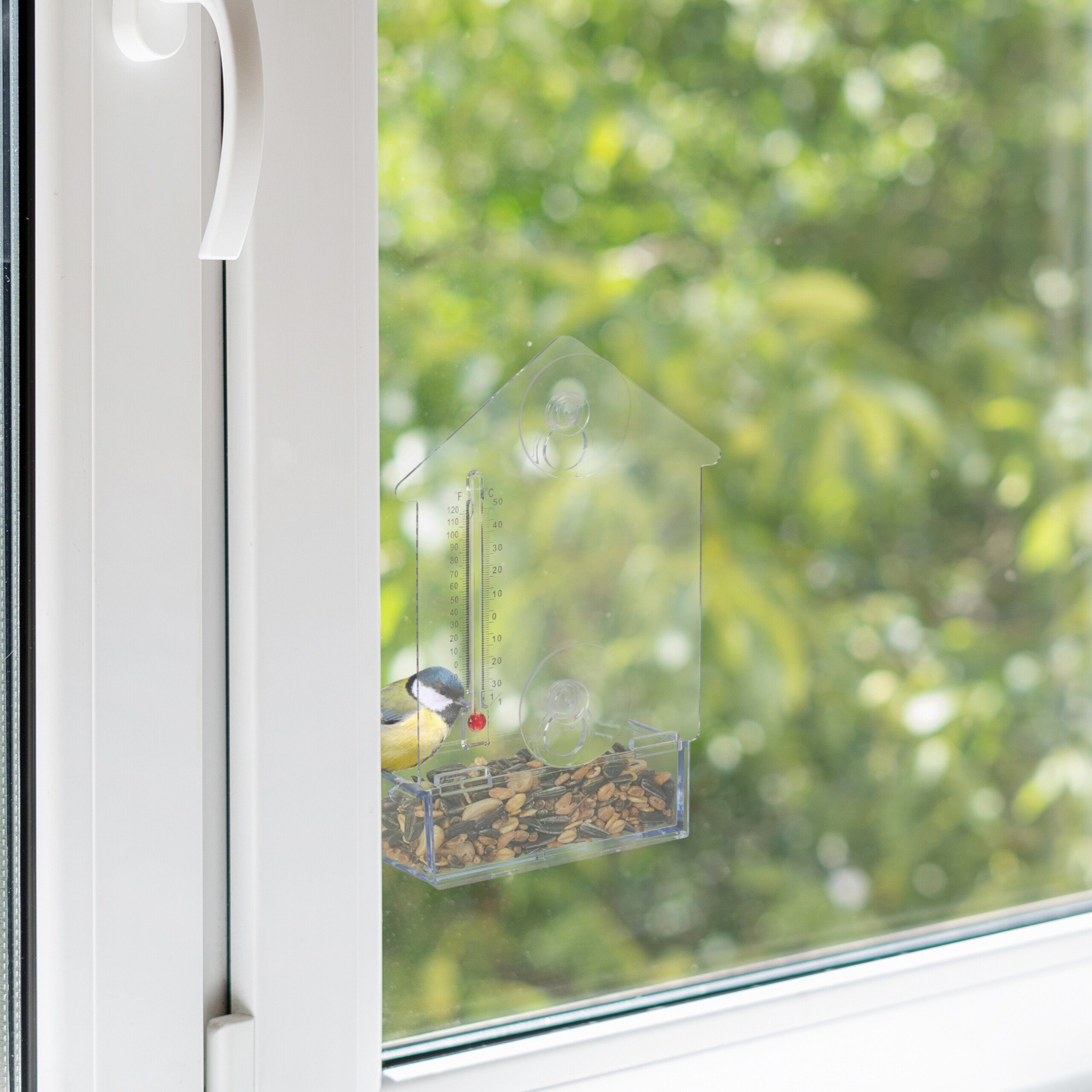 relaxdays Vogelhaus Fenster-Vogelfutterhaus mit Thermometer
