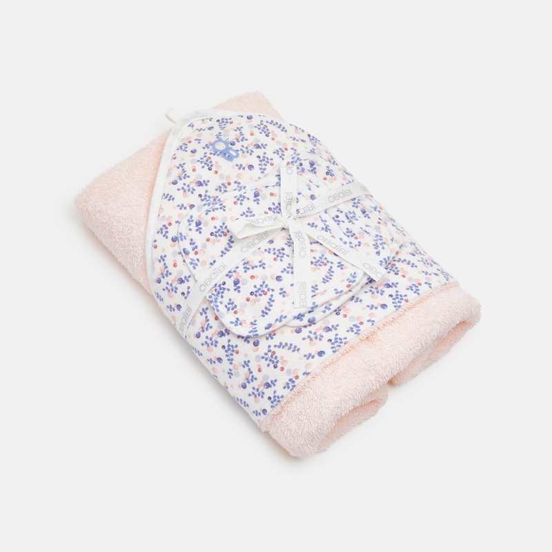 Ensemble cape de bain et carrés fleuris rose naissance