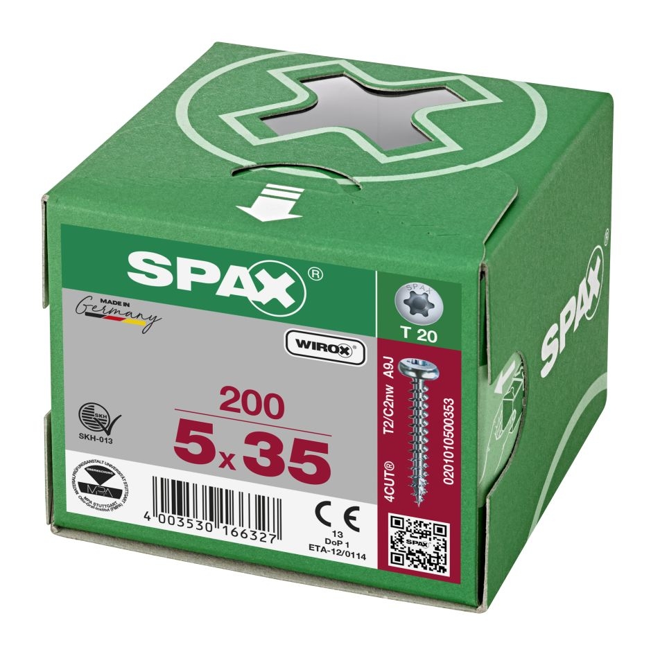 SPAX 0201010500353 Șurub universal 5 x 35 mm, Filet complet, Cap rotund, T-STAR plus T20 - 200 bucăți