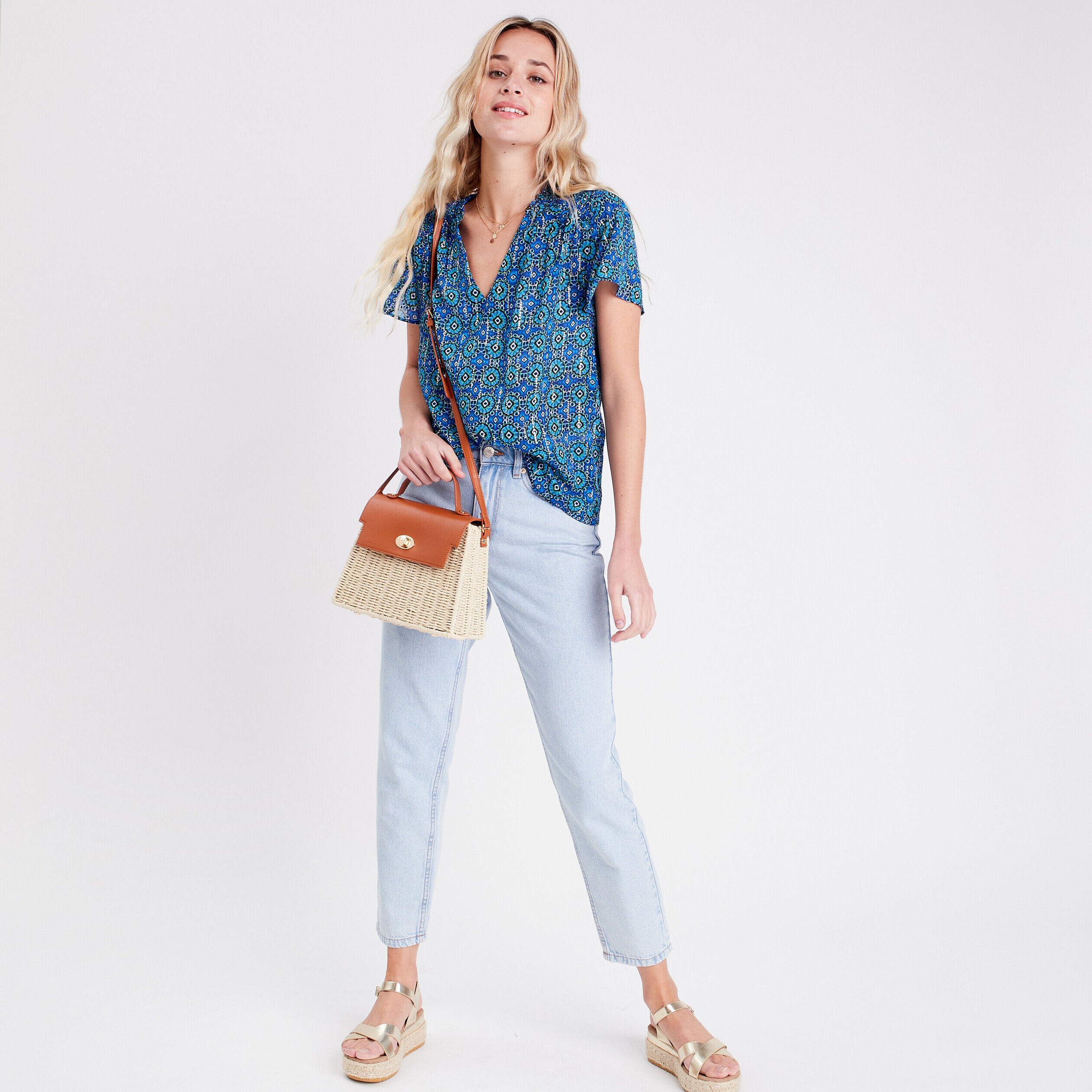 Blouse avec manches courtes bleu femme | Cache Cache
