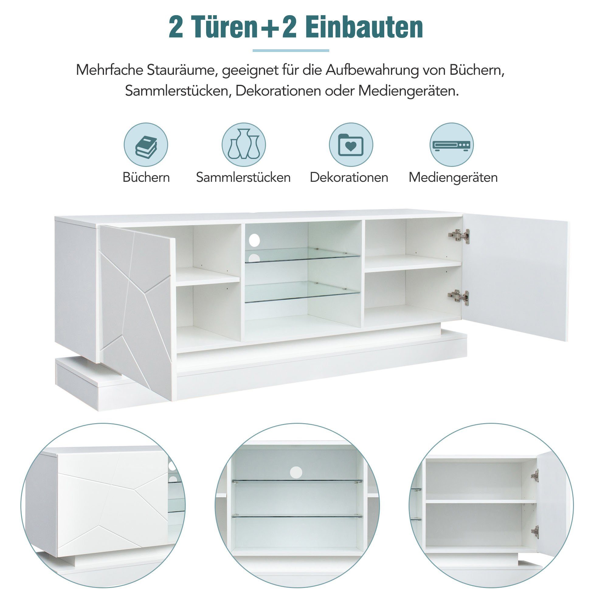 REDOM TV-Schrank (Hochglanz, mit verstellbaren Einlegeböden Hochglanz mit LED-Beleuchtung) Breite: 160cm