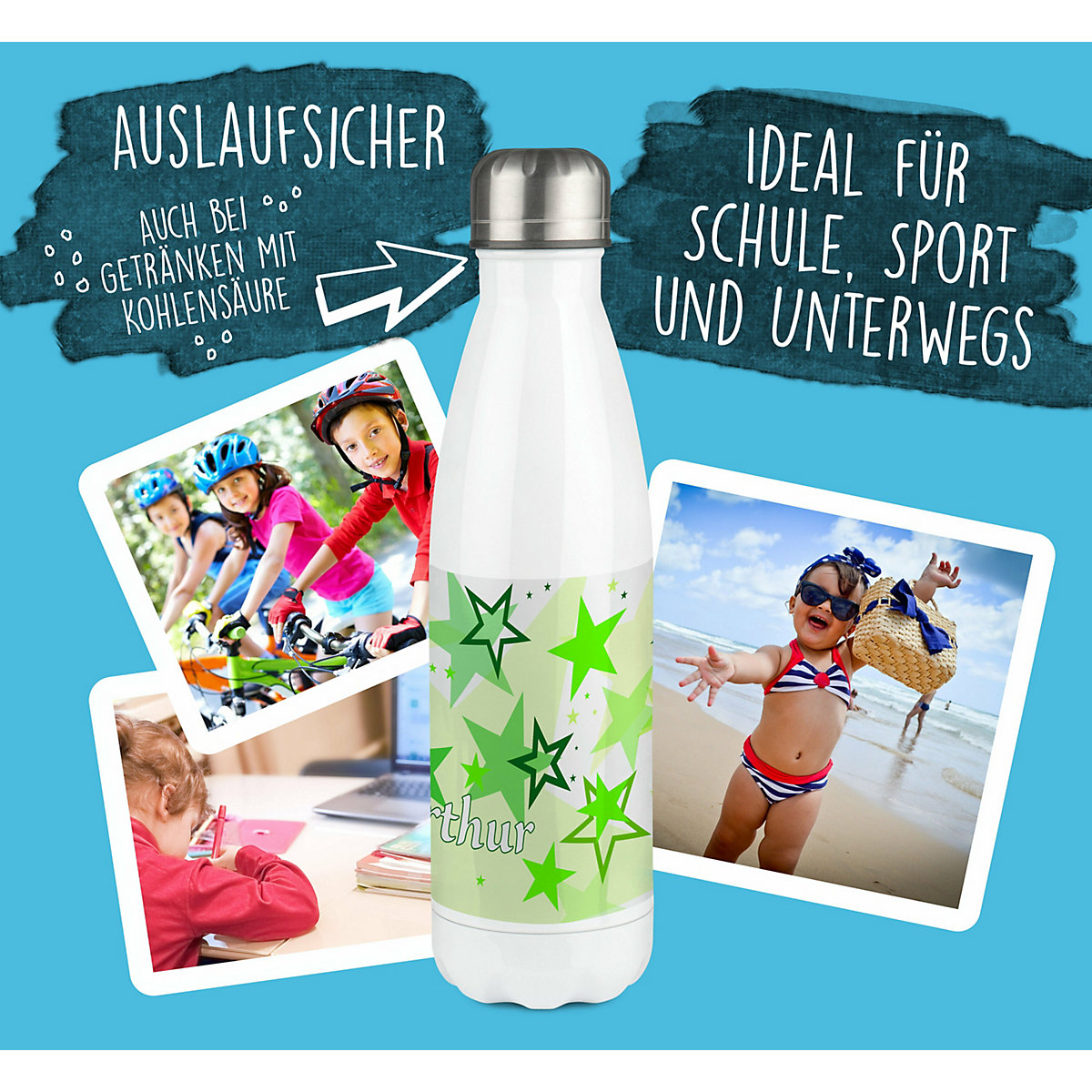 Edelstahl Kinder Thermoflasche / Trinkflasche bunt Sternenhimmel Farbe grün Spülmaschinenfest, Auslaufsicher, Bruchfest, Doppelwandig, Für Heißgetränke geeignet, Mit Deckel, Isoliert