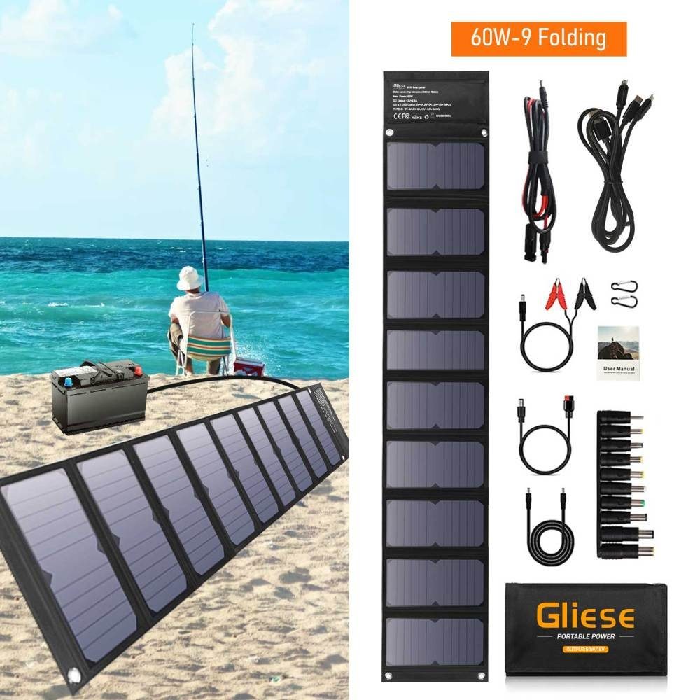 GLIESE Solarmodul 60W Faltbares Solarpanel Solarladegerät Solarmodul für Iphone laptop, Monokristallin