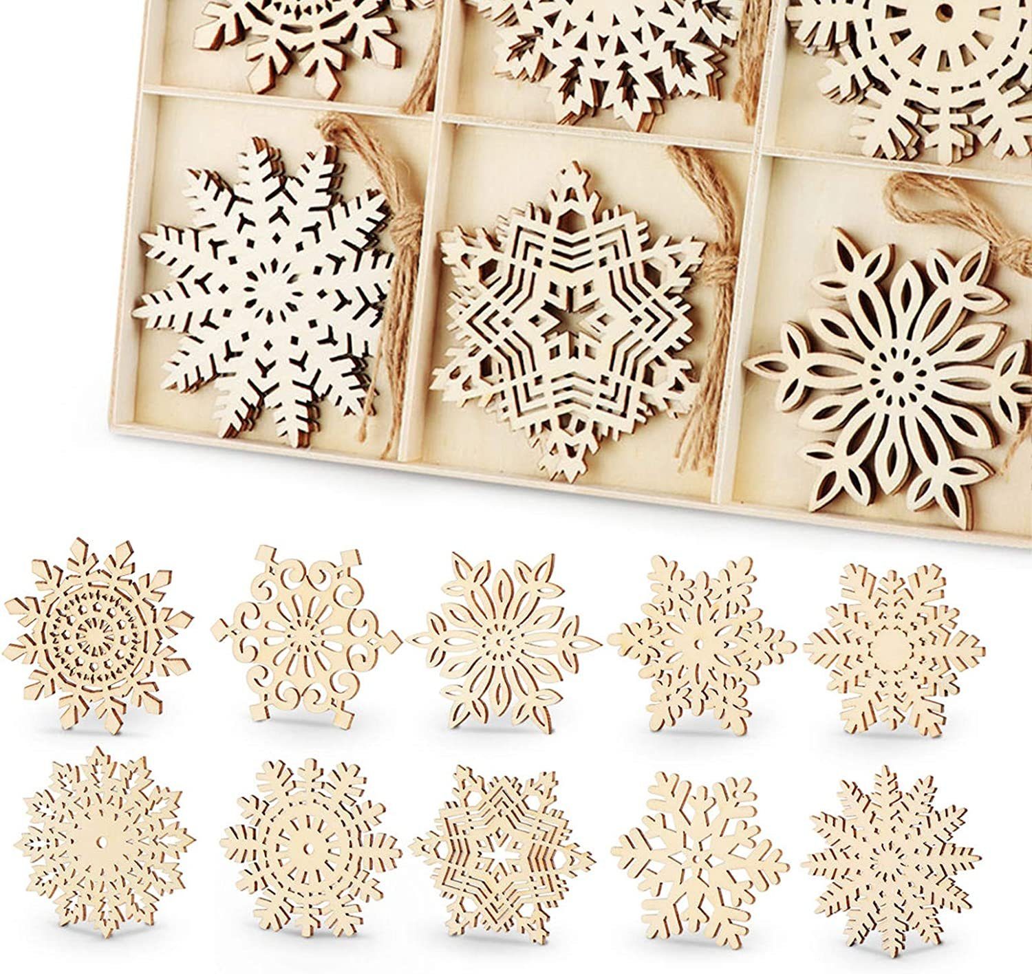 Homewit Hänge-Weihnachtsbaum Holz Schneeflocken Anhänger Weihnachtsbaum Anhänger Holzdeko für DIY, Weihnachtsbaumschmuck Holzanhänger Christbaumschmuck