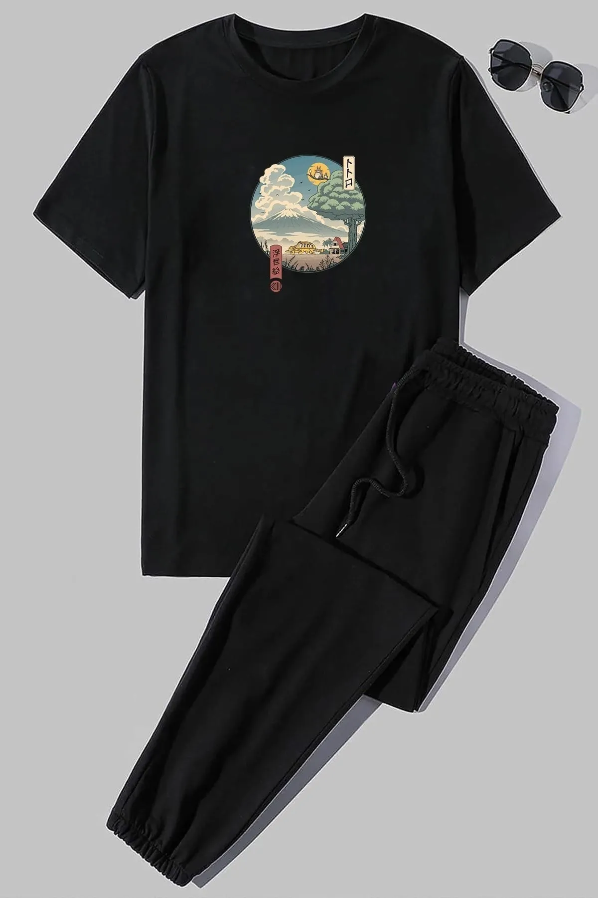 uyguntarz  Unisex Neighbor&'s Ukiyo E bedrucktes 2-teiliges Trainingsanzug-Set