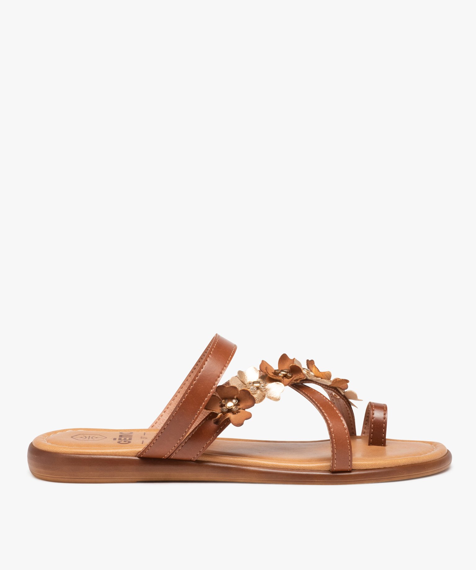 Mules plates à fines brides croisées fleuries femme camel | GEMO