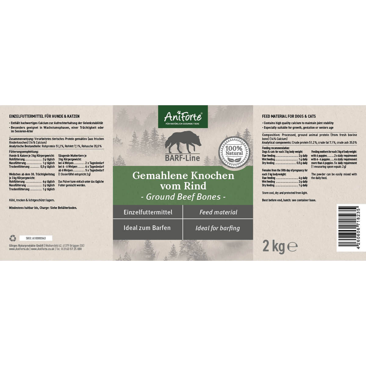 Aniforte Ergänzungsfutter & Aufzucht Aniforte BARF-Line Gemahlene Knochen vom Rind 2 kg