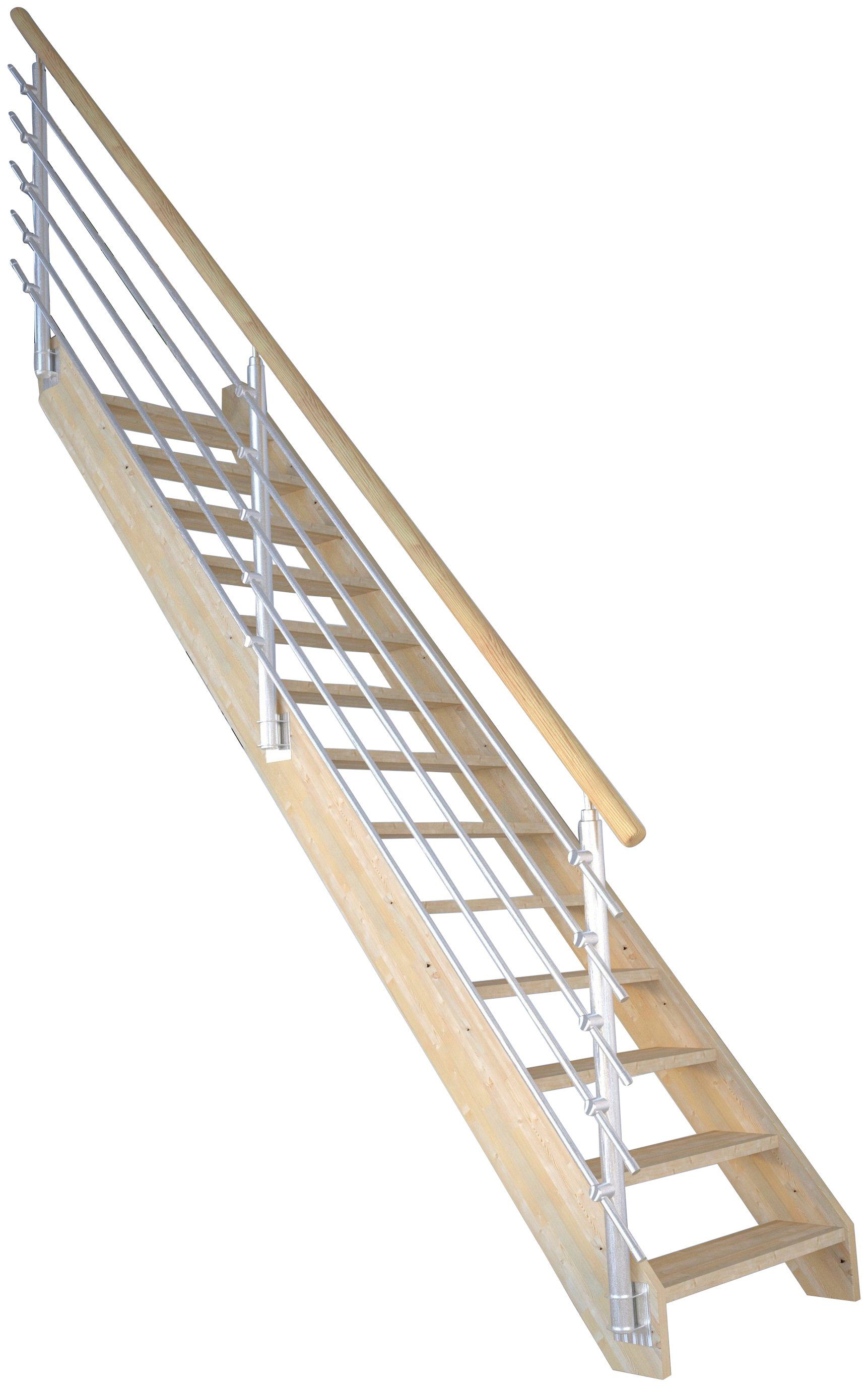 Starwood Raumspartreppe Massivholz Korfu, Design-Geländer Edelstahl, für Geschosshöhen bis 300 cm, Stufen offen, Durchgehende Wangenteile