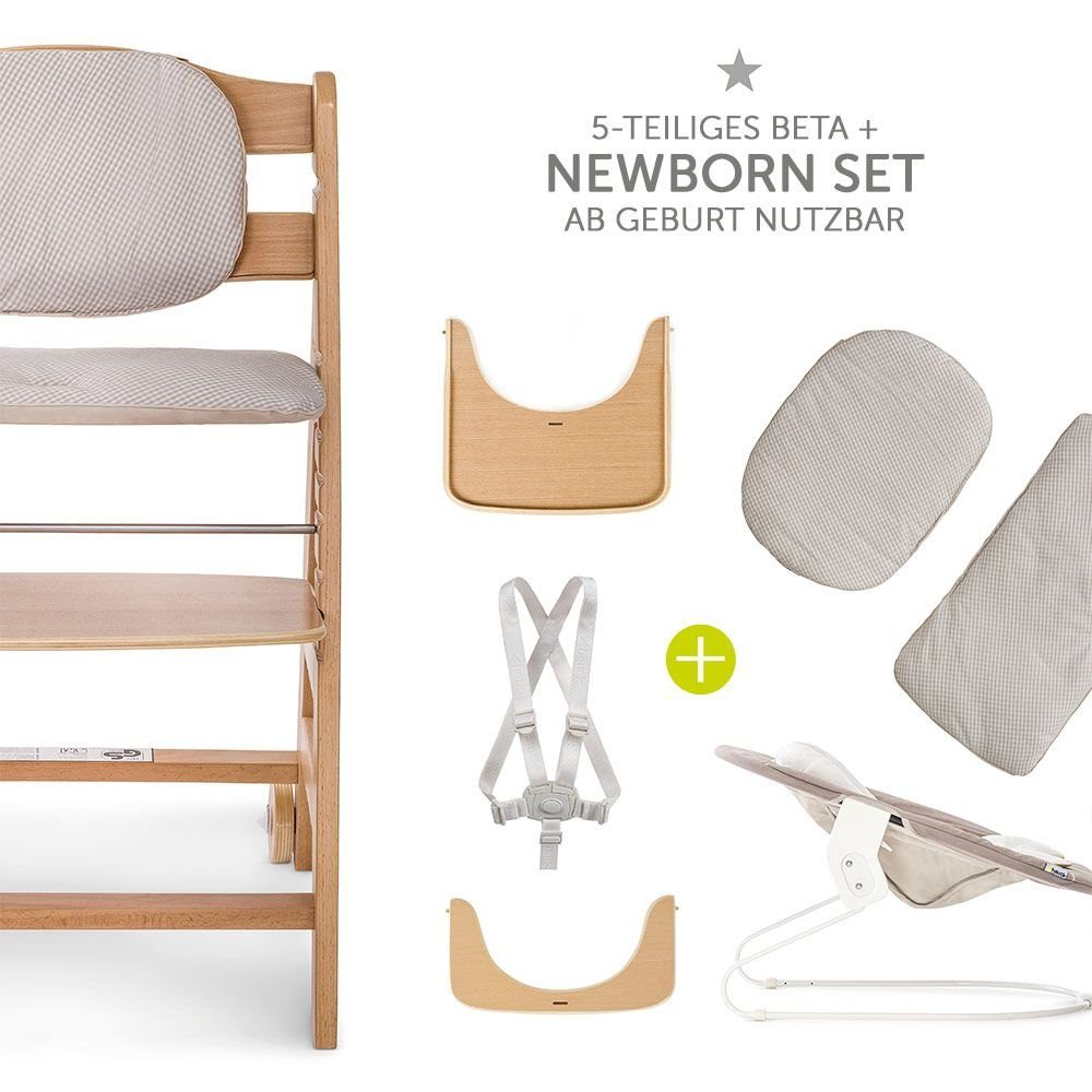 Hauck Hochstuhl Beta Plus Natur - Newborn Set (Set, 5 St), Holz Babystuhl ab Geburt, Aufsatz für Neugeborene, Sitzauflage, Tisch