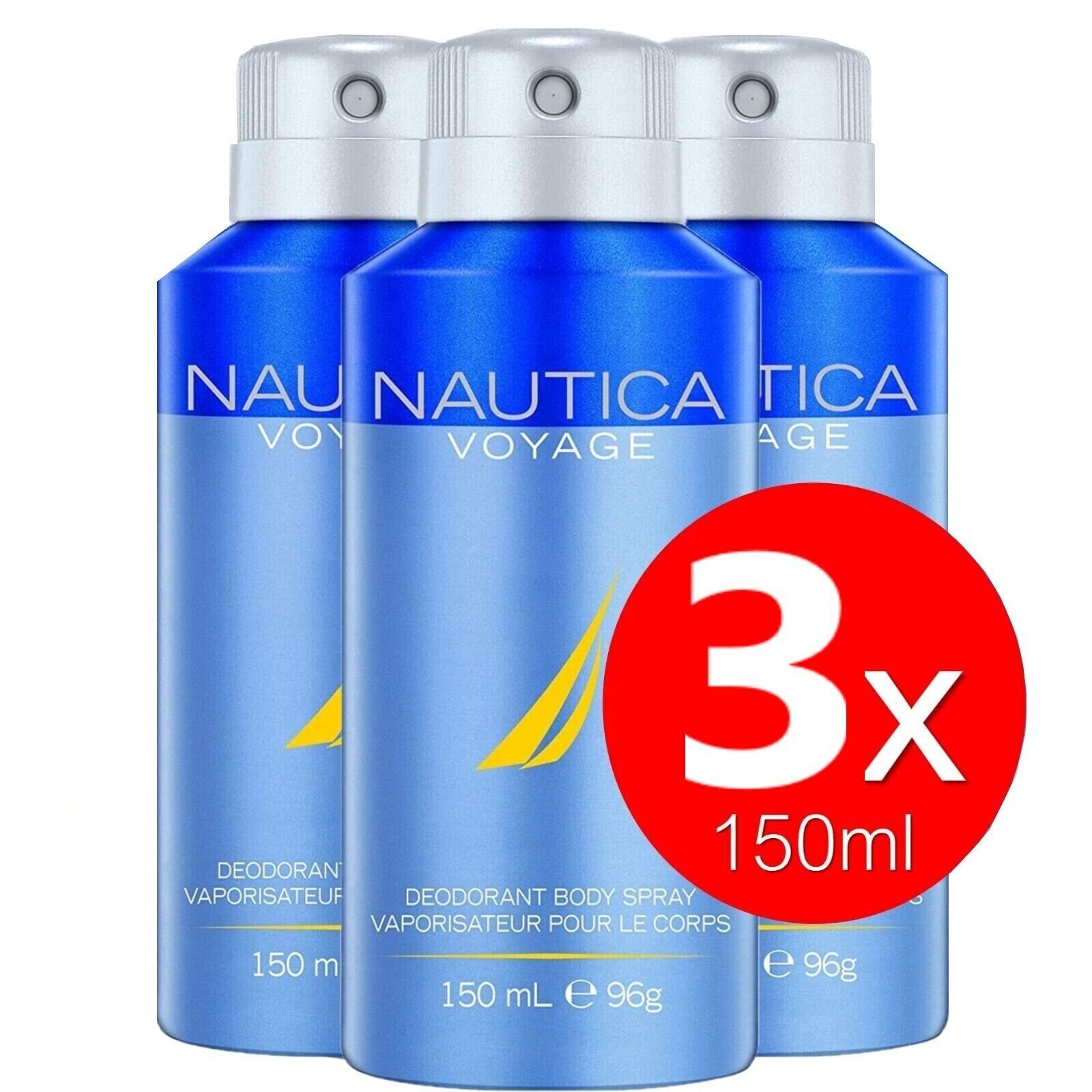 NAUTICA Deo-Spray Nautica Voyage 3x Deo Spray Set 150ml Bodyspray Beauty Deodorant, Deospray Schutz vor Körpergerüche und Achselnässe Deo-Spray kühle frische Antitranspirant Schutz für Achseln Herren Männer, 3-tlg., 24 Stunden Schutz aromatisch frisc