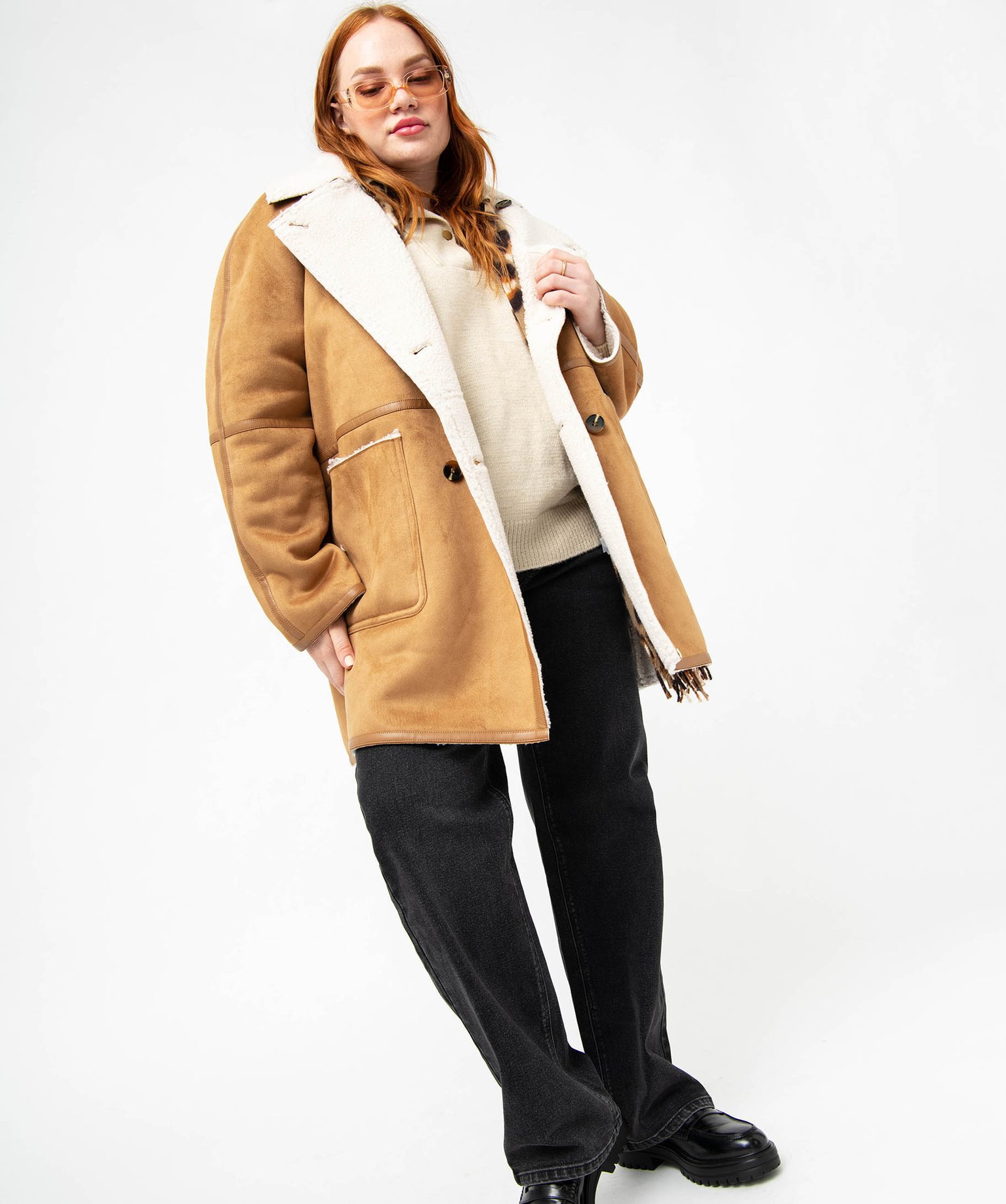 Manteau en suédine doublé sherpa femme grande taille marron | GEMO
