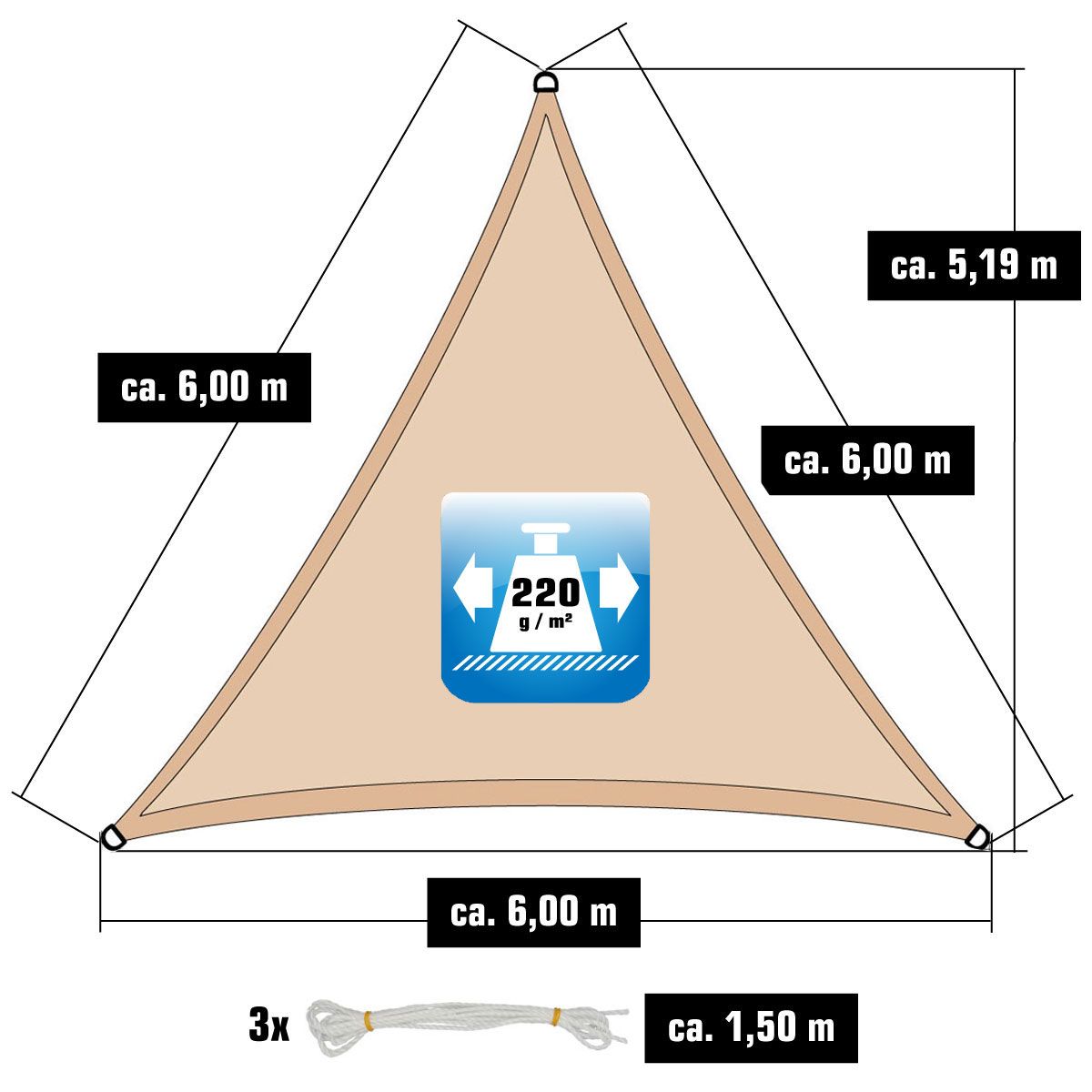 AMANKA 6 x 6 x 6 atmungsaktives UV Sonnensegel