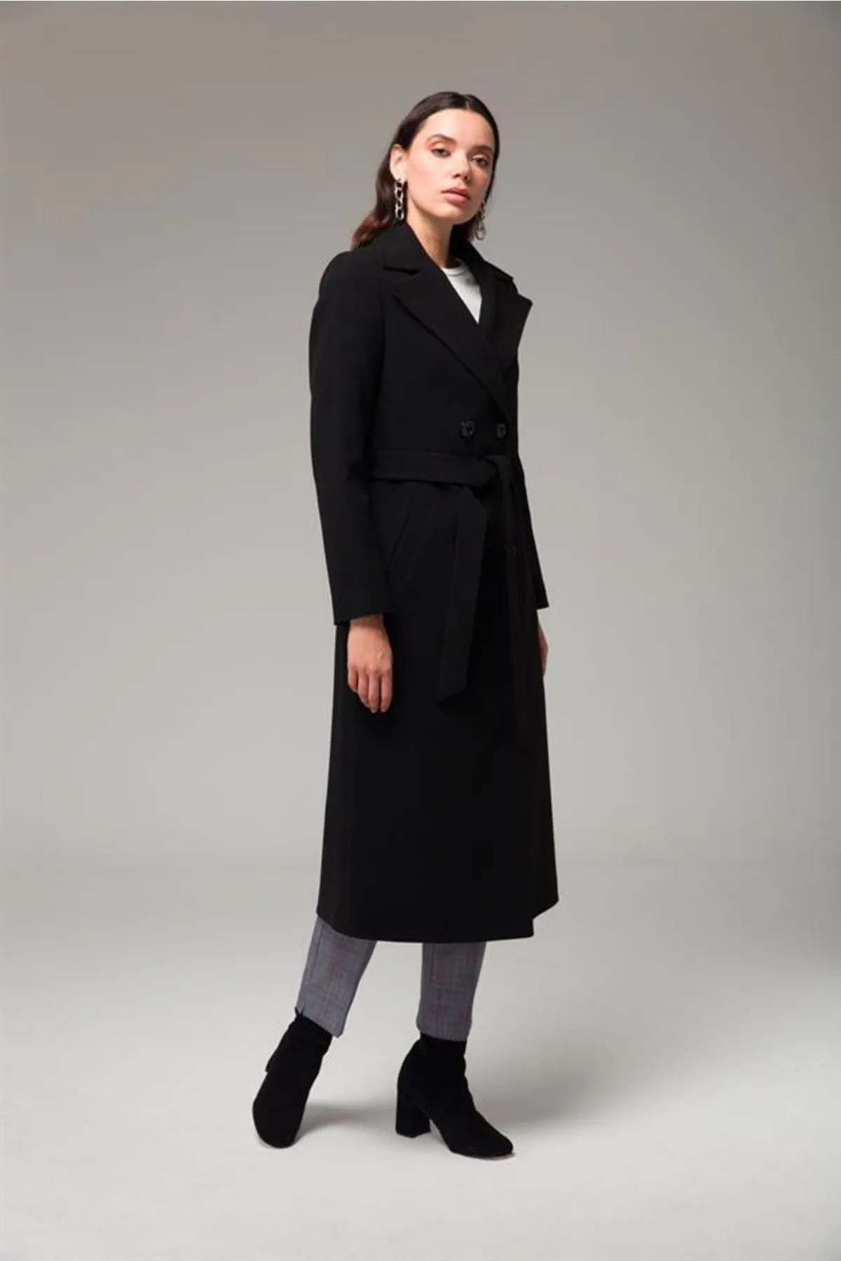 Concept.  Zweireihiger, an der Taille gebundener, mittellanger Mantel, Schwarz 3754