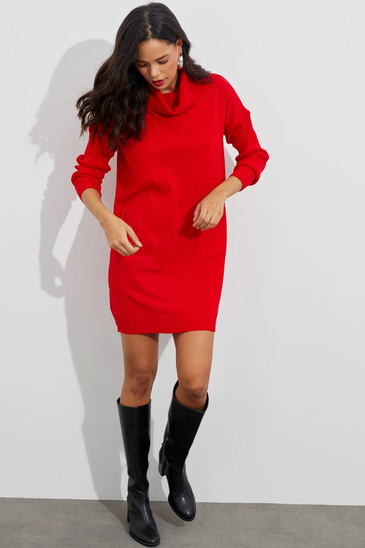 Cool & Sexy  Rotes Strick-Minikleid mit Rüschenkragen für Damen YV73