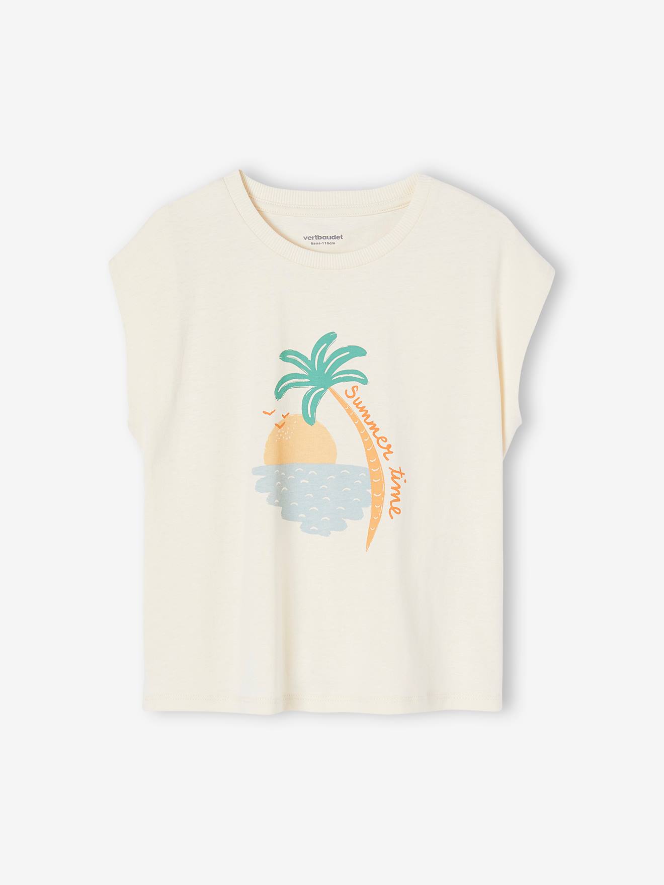T-shirt motif été fille manches épaules écru