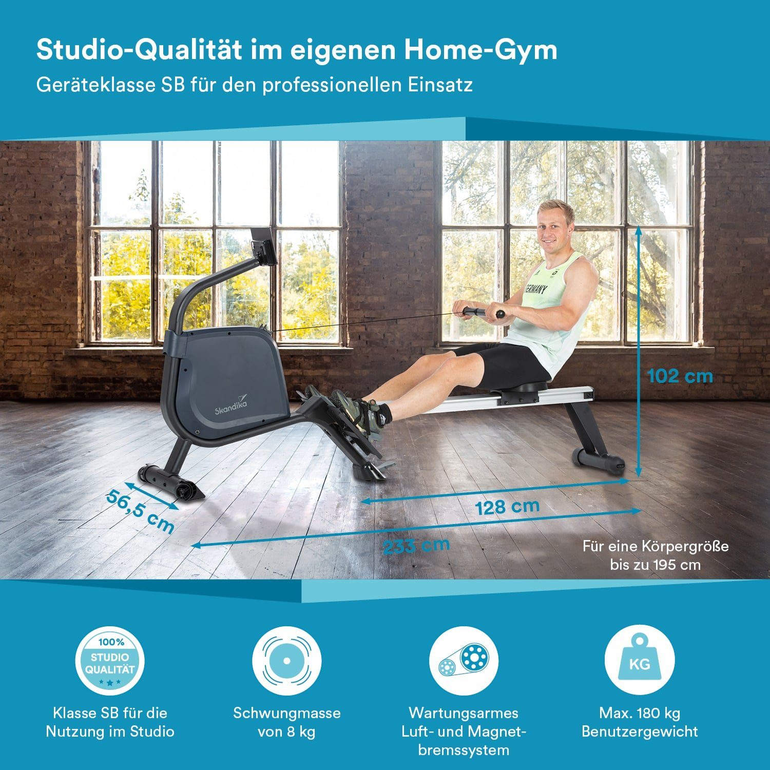 Skandika Rudergerät Njord, klappbar, Studioqualität, 8 kg Schwungmassensystem, max. 180 kg