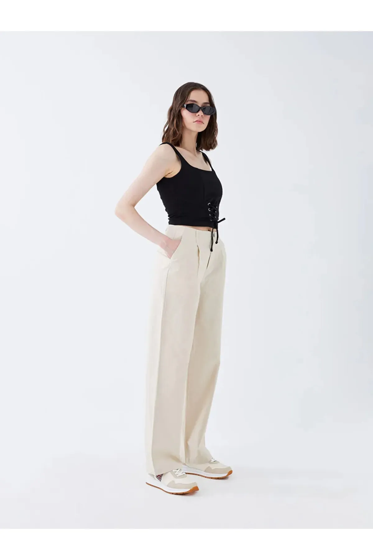 LC Waikiki  Xsıde Damen-Leinenhose mit hoher Taille und weitem Bein