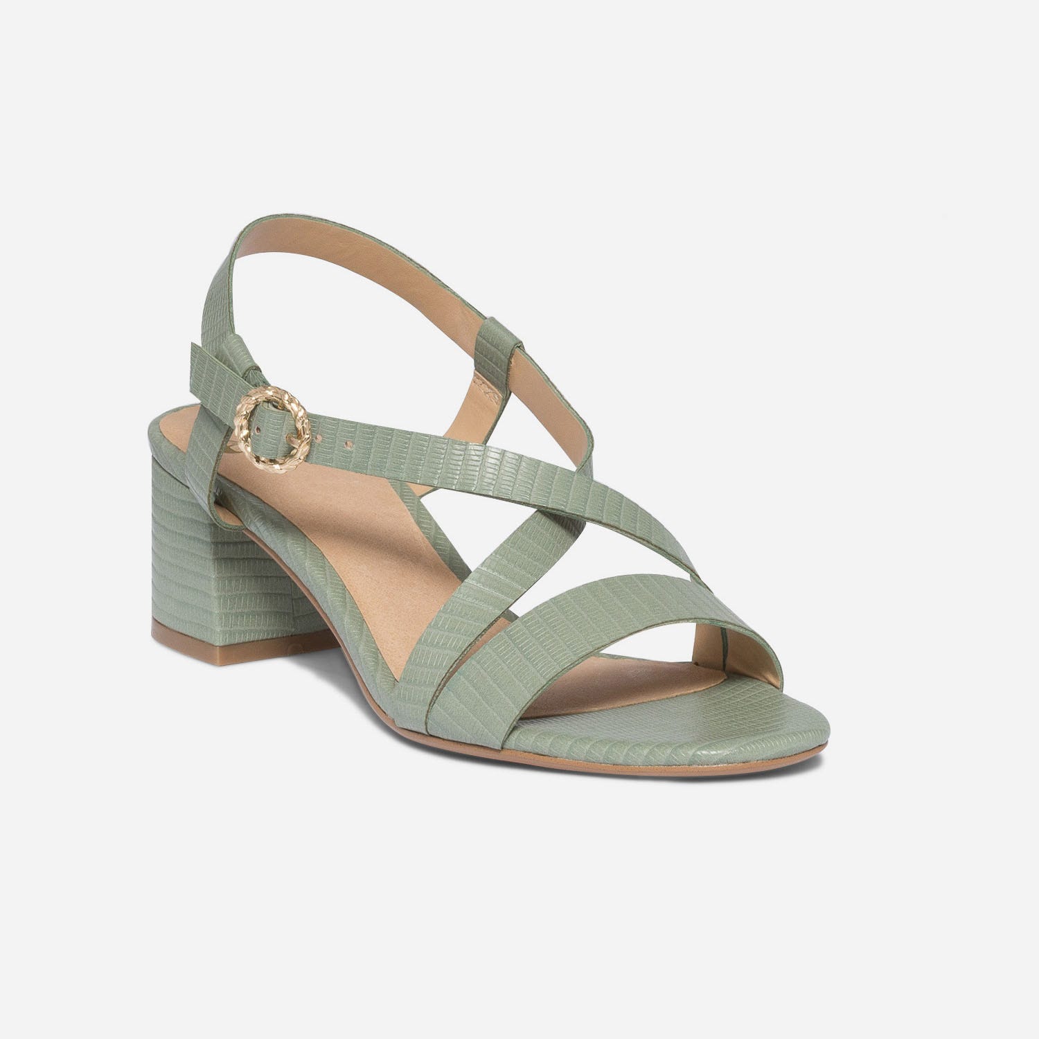 Sandale à talon vert sauge en cuir embossé effet python