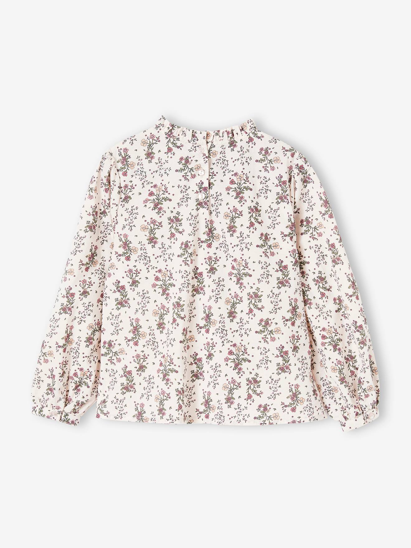 Blouse victorienne motifs fleurs fille bleu grisé imprimé