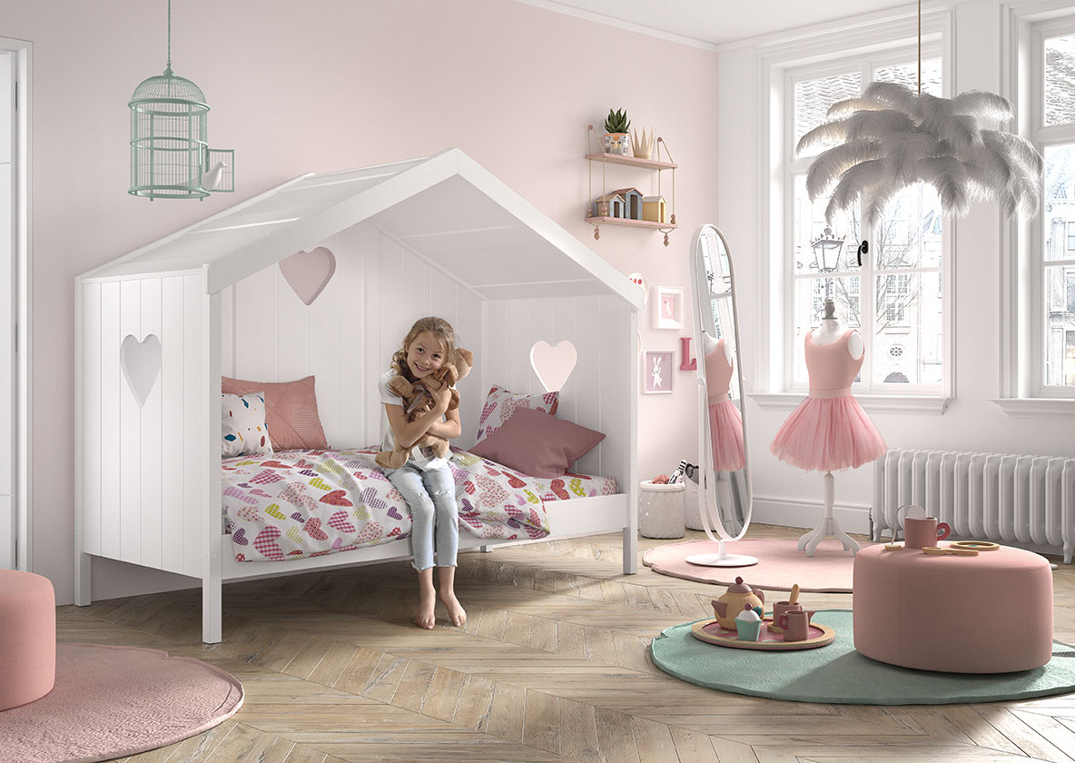 VIPACK Hausbett Amori mit Rückwand, Liegefläche 90 x 200 cm, inkl. Rolllattenrost, Ausf. Kiefer und MDF weiß lackiert