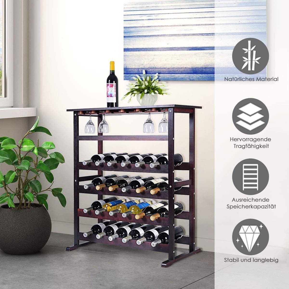 KOMFOTTEU Weinregal Flaschenregal Gläserregal Flaschenständer, aus Holz, für 24 Flaschen